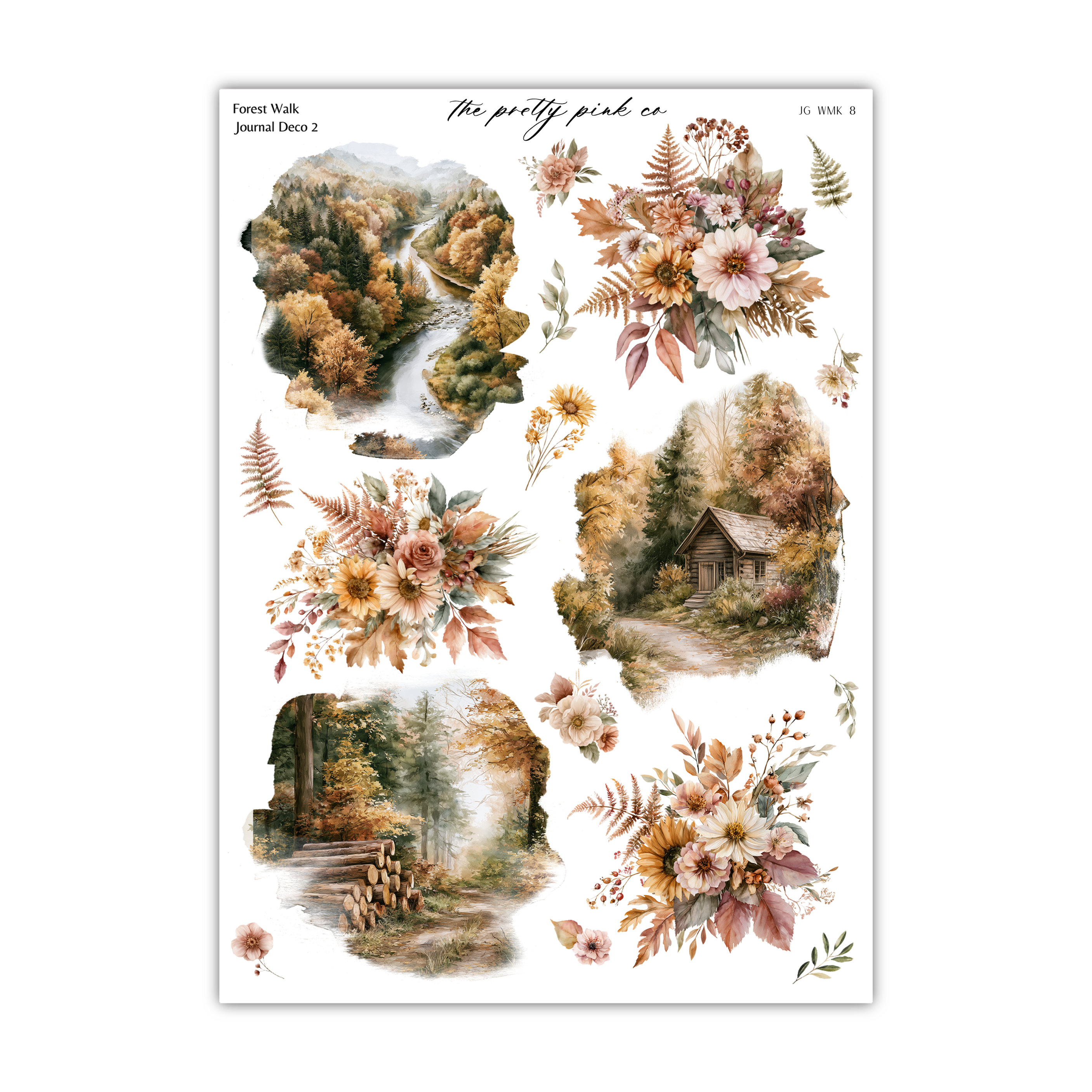 The image is a collage of various nature-themed images, including a forest, a cabin, flowers, and a stream.