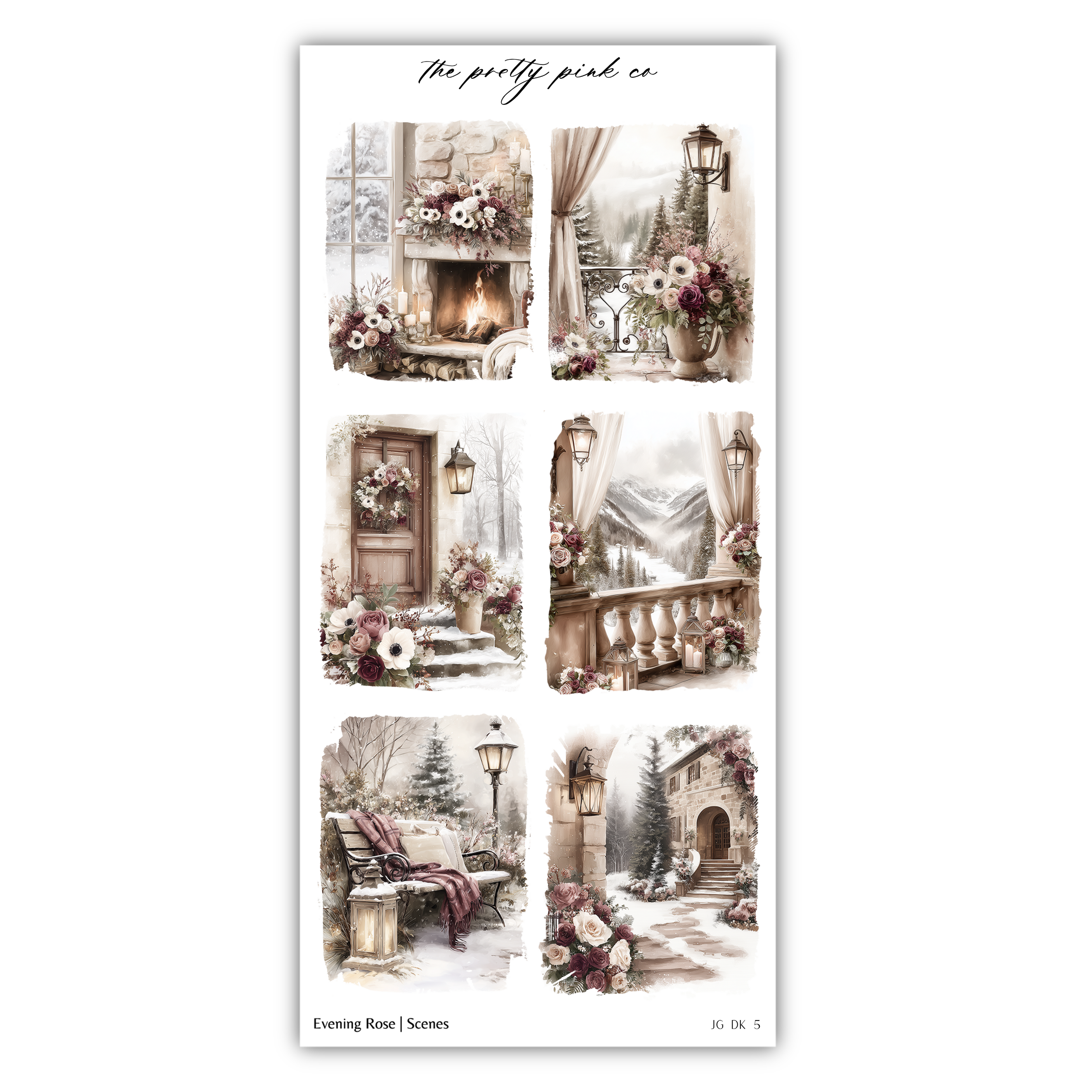 The image is a collage of six pictures depicting various scenes, including a fireplace, a wreath, a balcony, a snowy landscape, a bench, and a tree.