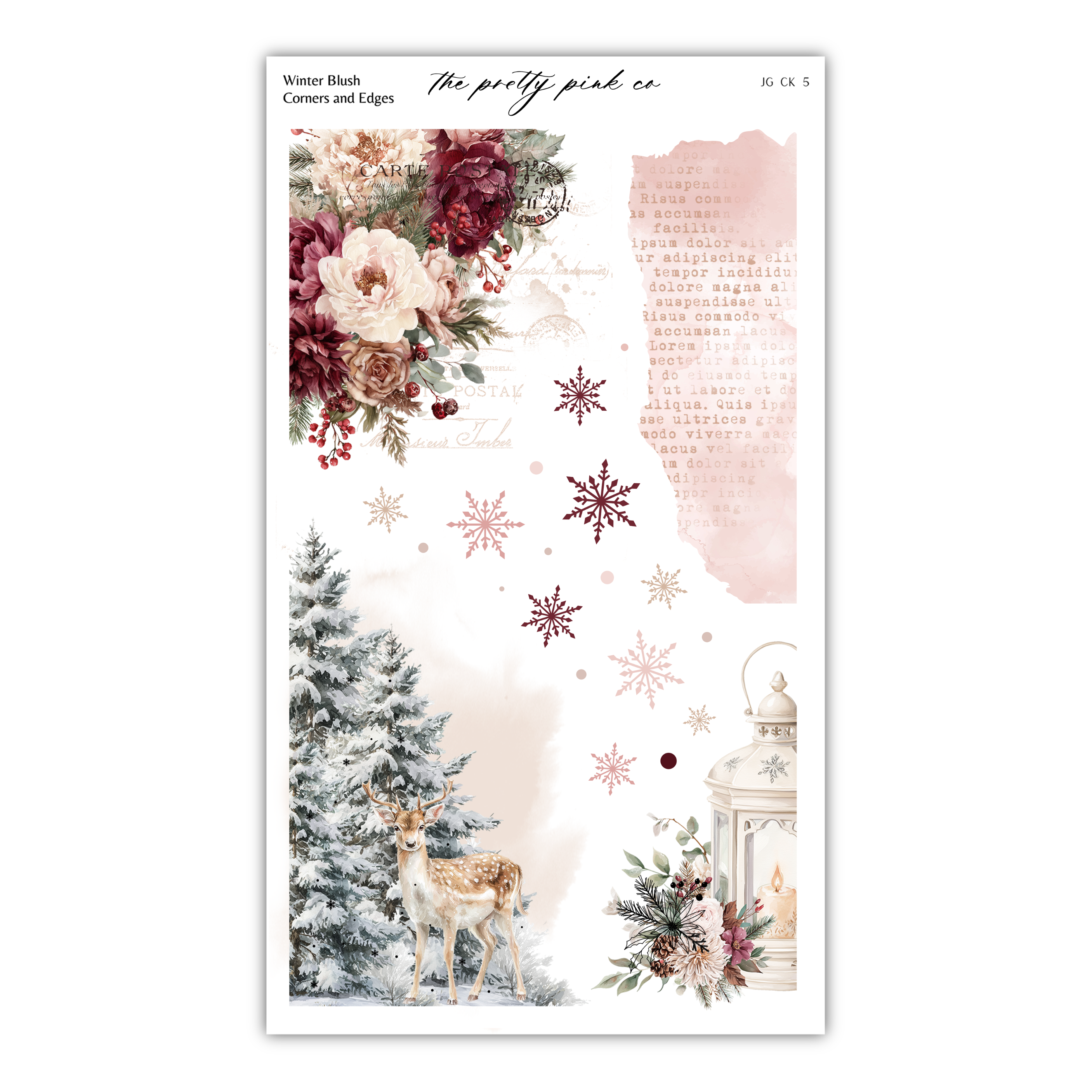 The image is a collage featuring a deer, snowflakes, and a lantern, all set against a winter landscape with trees and flowers.