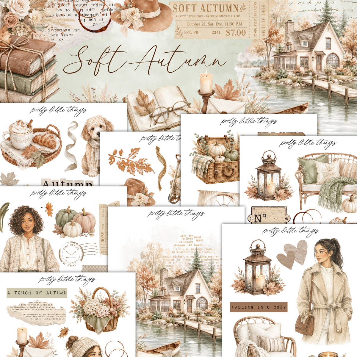 The image is a collage of various autumn-themed illustrations and objects, including a house, pumpkins, lanterns, and a woman in a coat. The collage is titled "Soft Autumn" and includes text such as "Soft Autumn", "pretty little things", and "falling into summer".