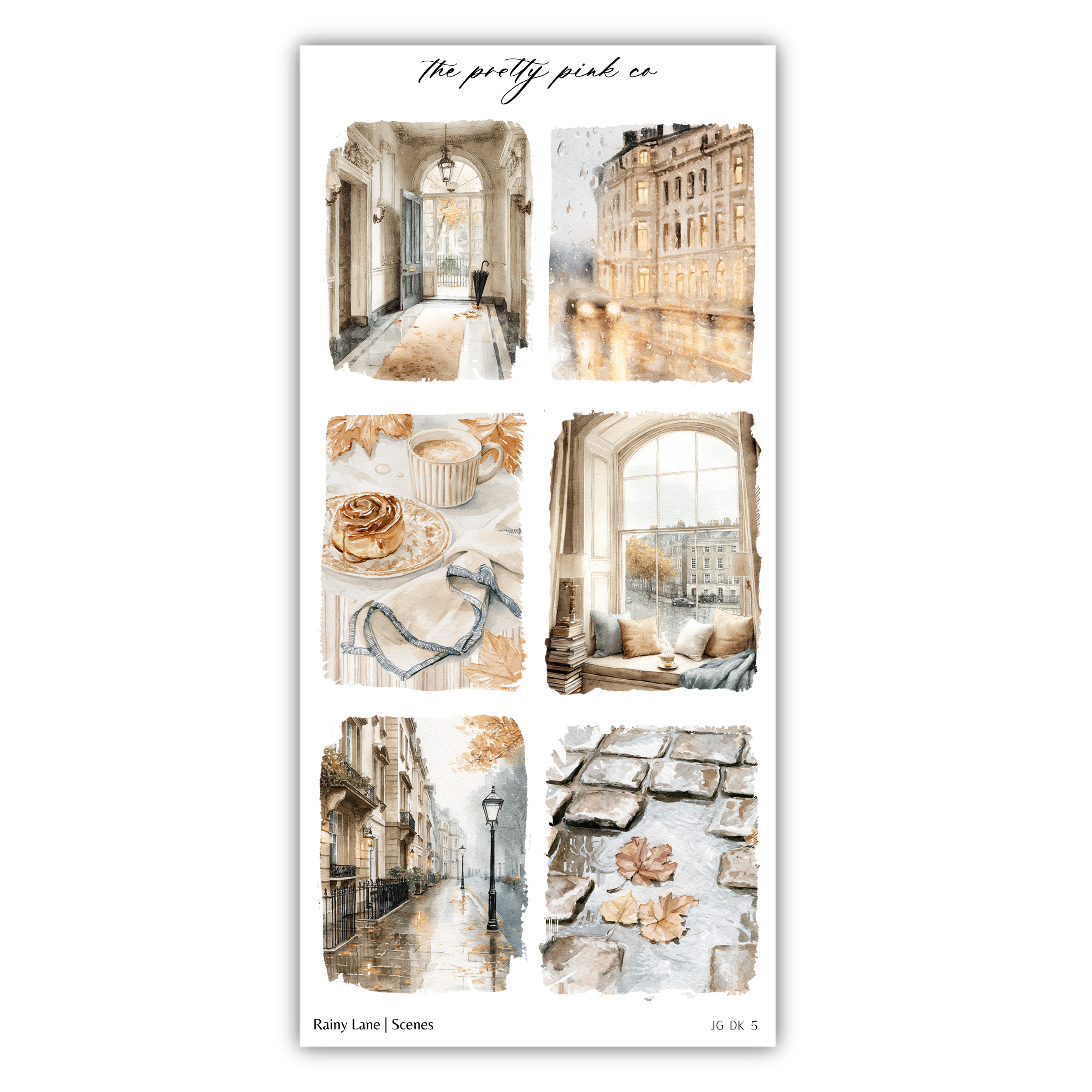 The image is a collage of six different scenes, each depicting a unique aspect of a city street or urban setting. The scenes include a grand building, a window with a view, a street lamp, a pastry, a flower arrangement, and a brick wall. The collage is titled "The pretty pink co" and includes the text "Rainy lane / Scenes" at the bottom, indicating that the images are part of a series or collection.