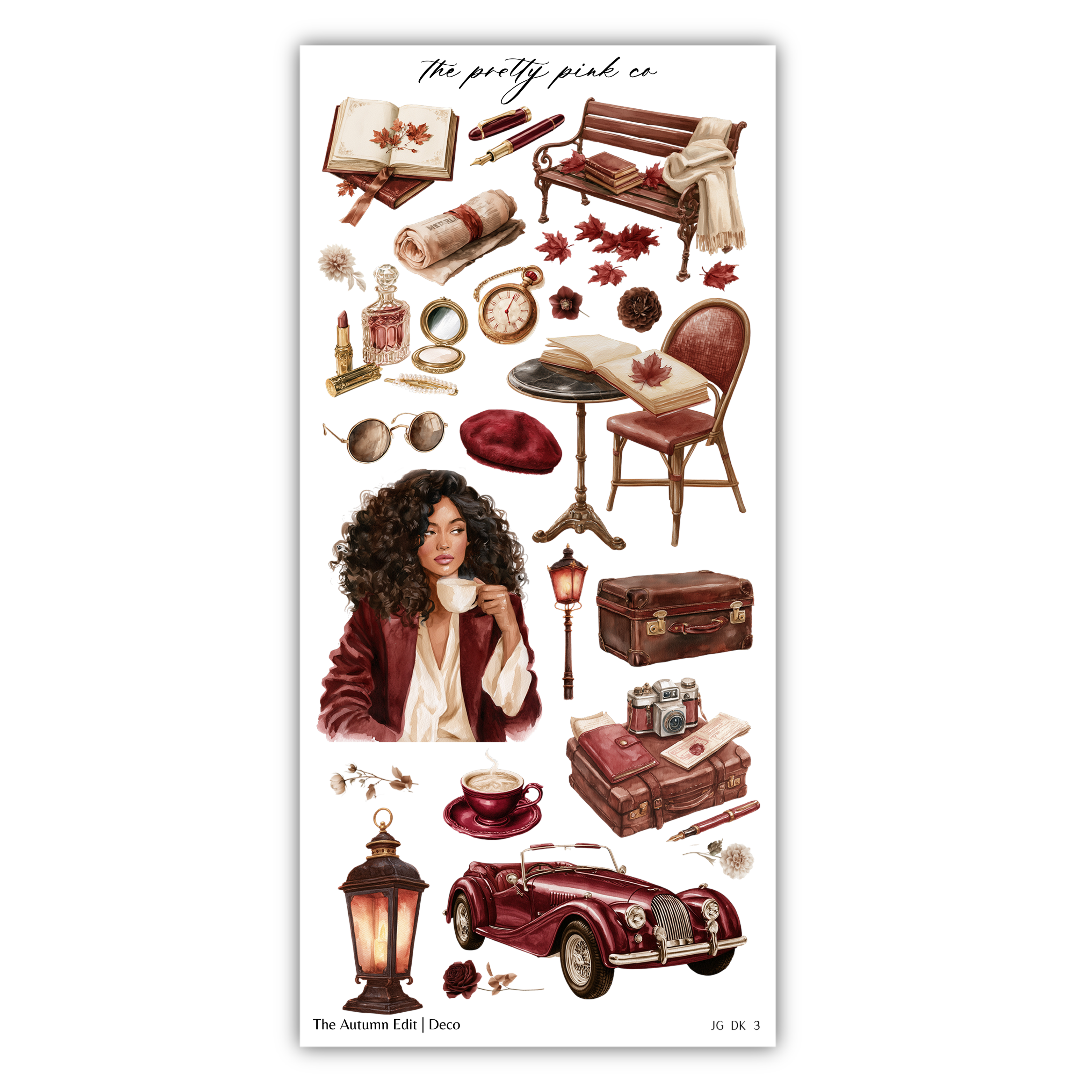 The image is a collage of various objects and scenes related to autumn, including a woman, a car, a bench, a book, a lantern, a suitcase, and a clock.