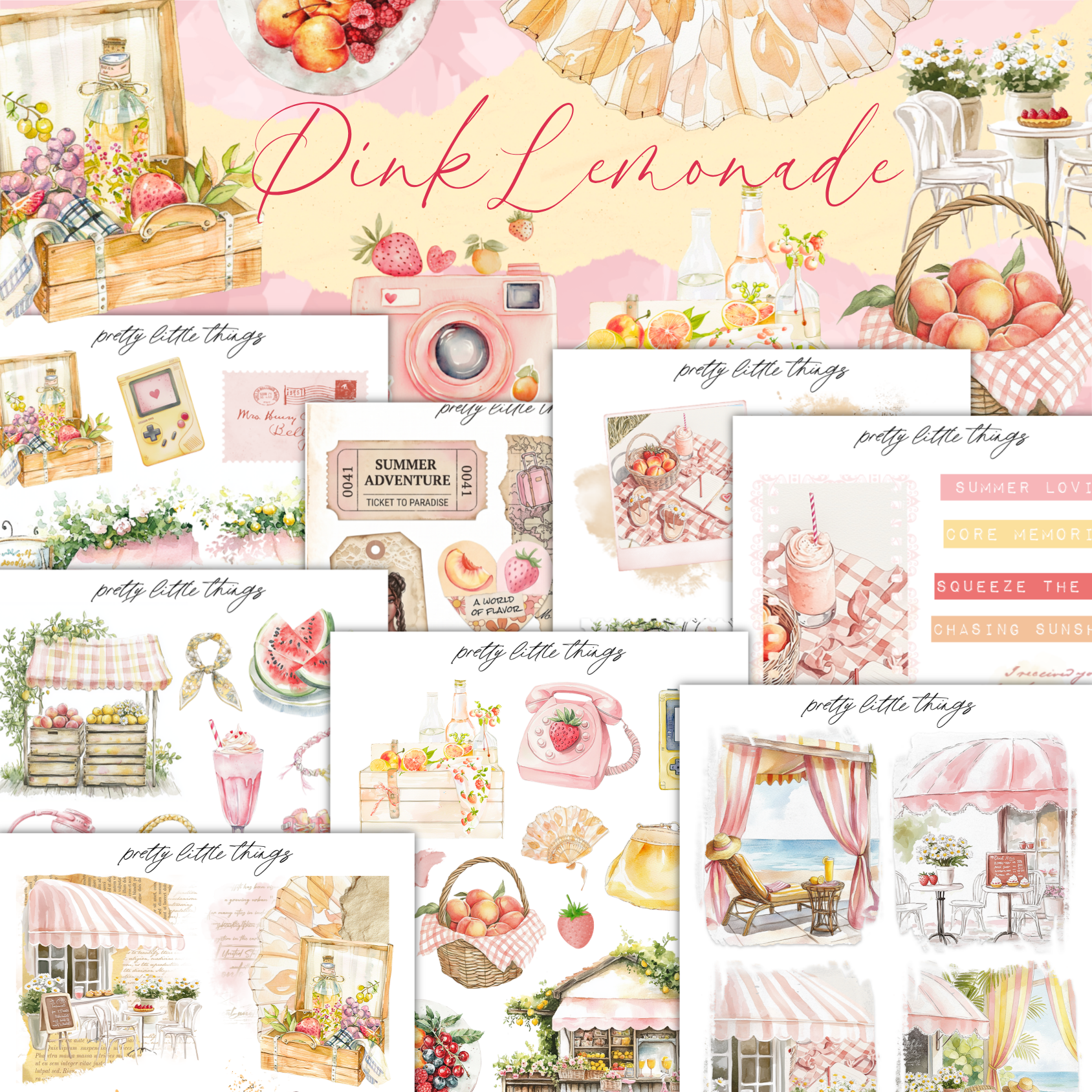 The image is a collage of various illustrations and scenes, including a lemonade stand, a picnic, and other summer-themed elements. The text "Pink Lemonade" is prominently displayed, suggesting the theme of the collage.