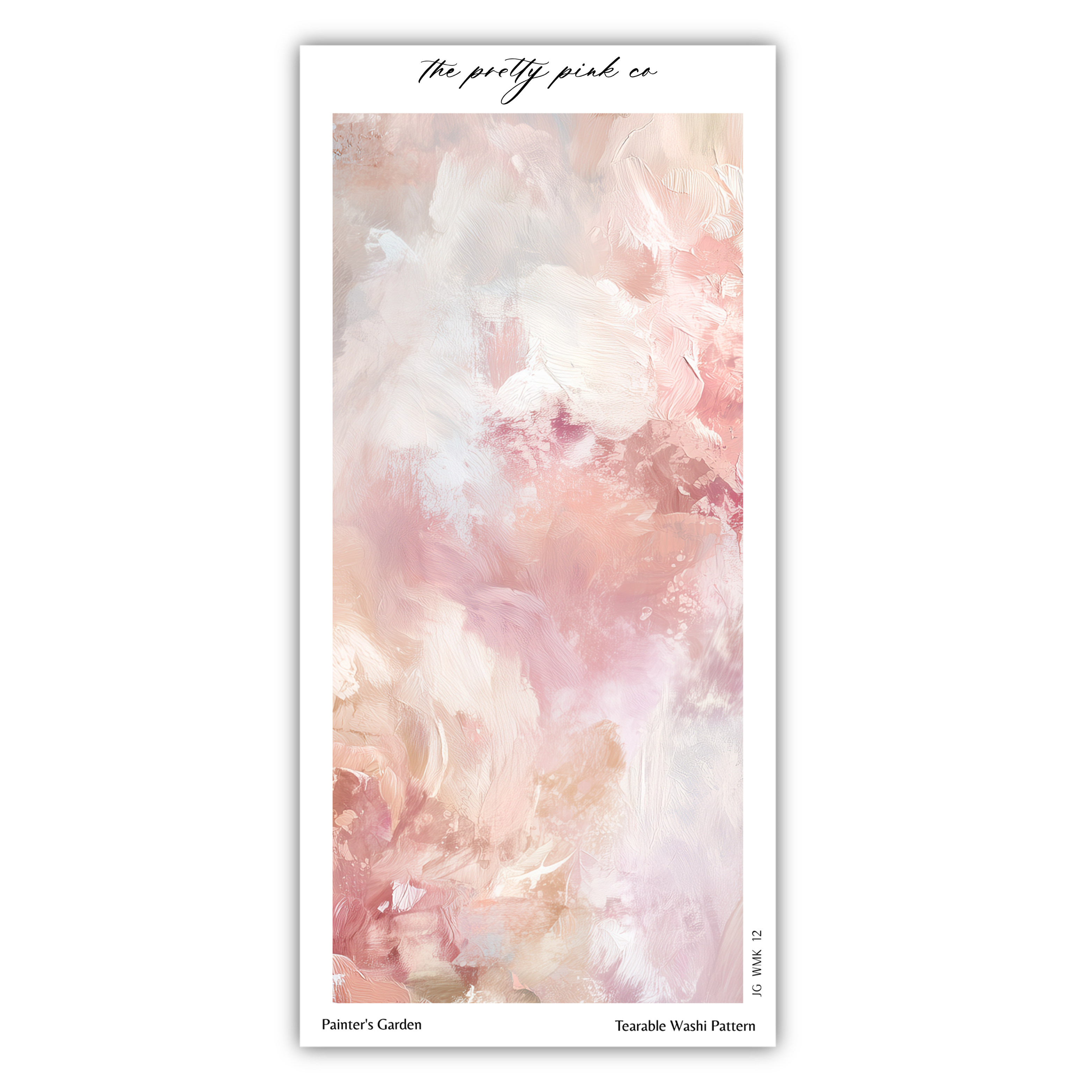The image is an abstract painting with a soft, pastel color palette of pink, peach, and white. The painting has a textured, brushstroke-like appearance, giving it a dreamy, ethereal quality. The text "The pretty pink co" is written in cursive at the top of the image, and "Painter's Garden" and "Terrable Wealth Pattern" are written at the bottom.