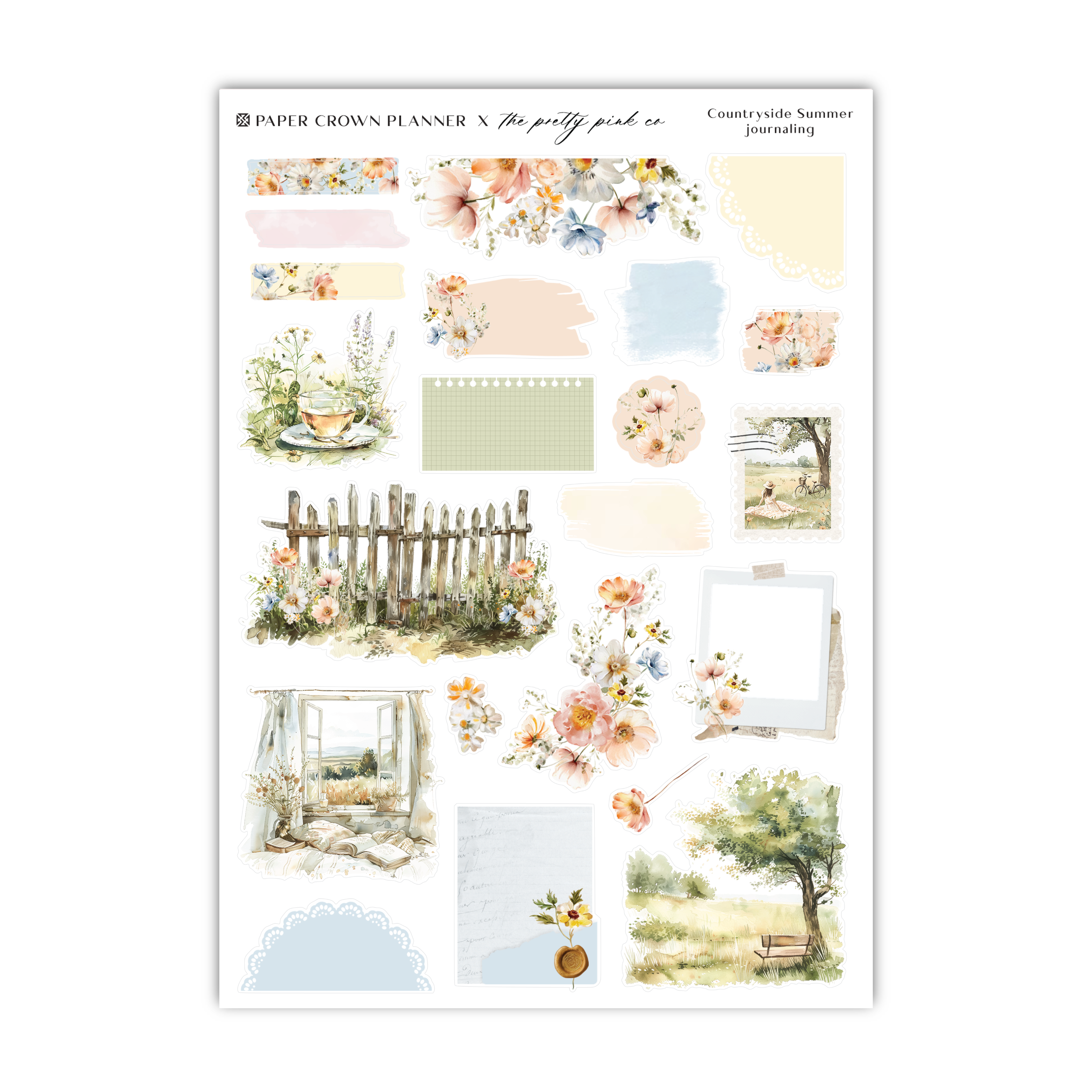 a sticker sheet with flowers and a fence
