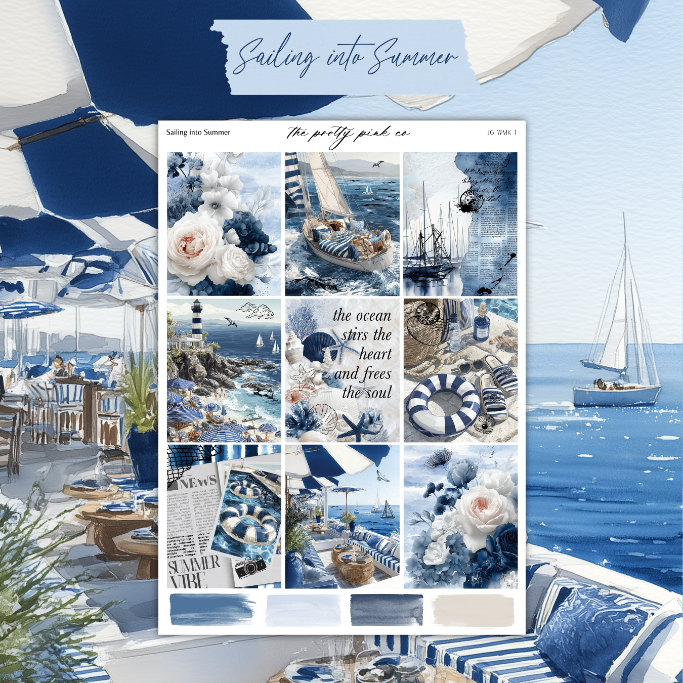 The image is a collage of various nautical and summer-themed images, including a sailboat, flowers, umbrellas, and a beach scene. The collage is titled "Sailing into Summer" and features a blue and white color scheme.