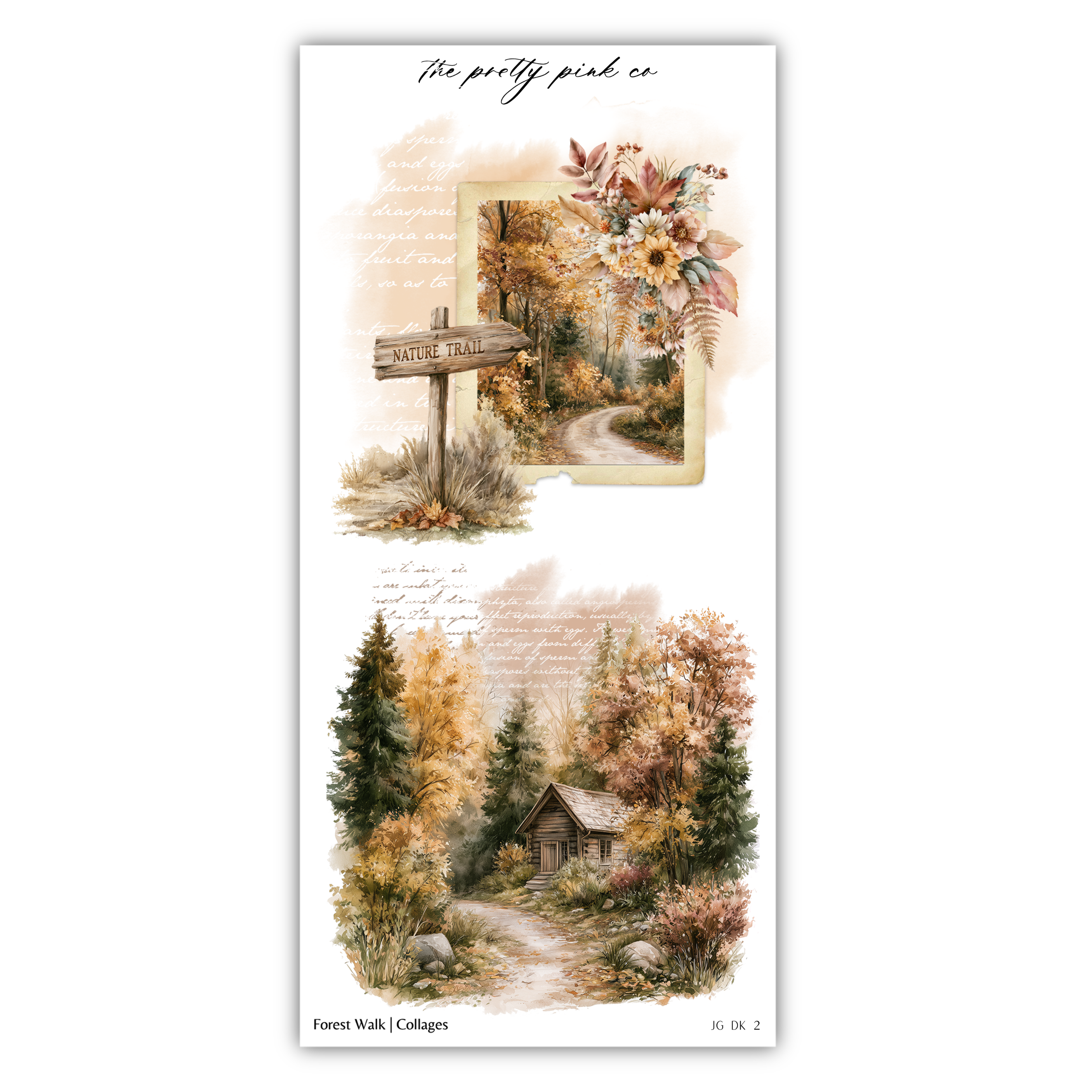 The image is a collage of two pictures depicting a forest trail and a cabin in a wooded area. The collage features a wooden sign, a path, a cabin, and various autumn-colored trees and foliage.