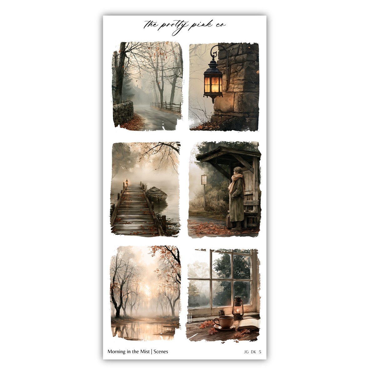 The image is a collage of six different scenes, each depicting a unique aspect of nature and human life. The scenes include a foggy path, a lantern-lit building, a person standing in a doorway, a person walking on a bridge, a person sitting by a window, and a person sitting by a campfire. The collage is titled "Morning in the Mist Scenes" and is part of the "The pretty pink co" series.