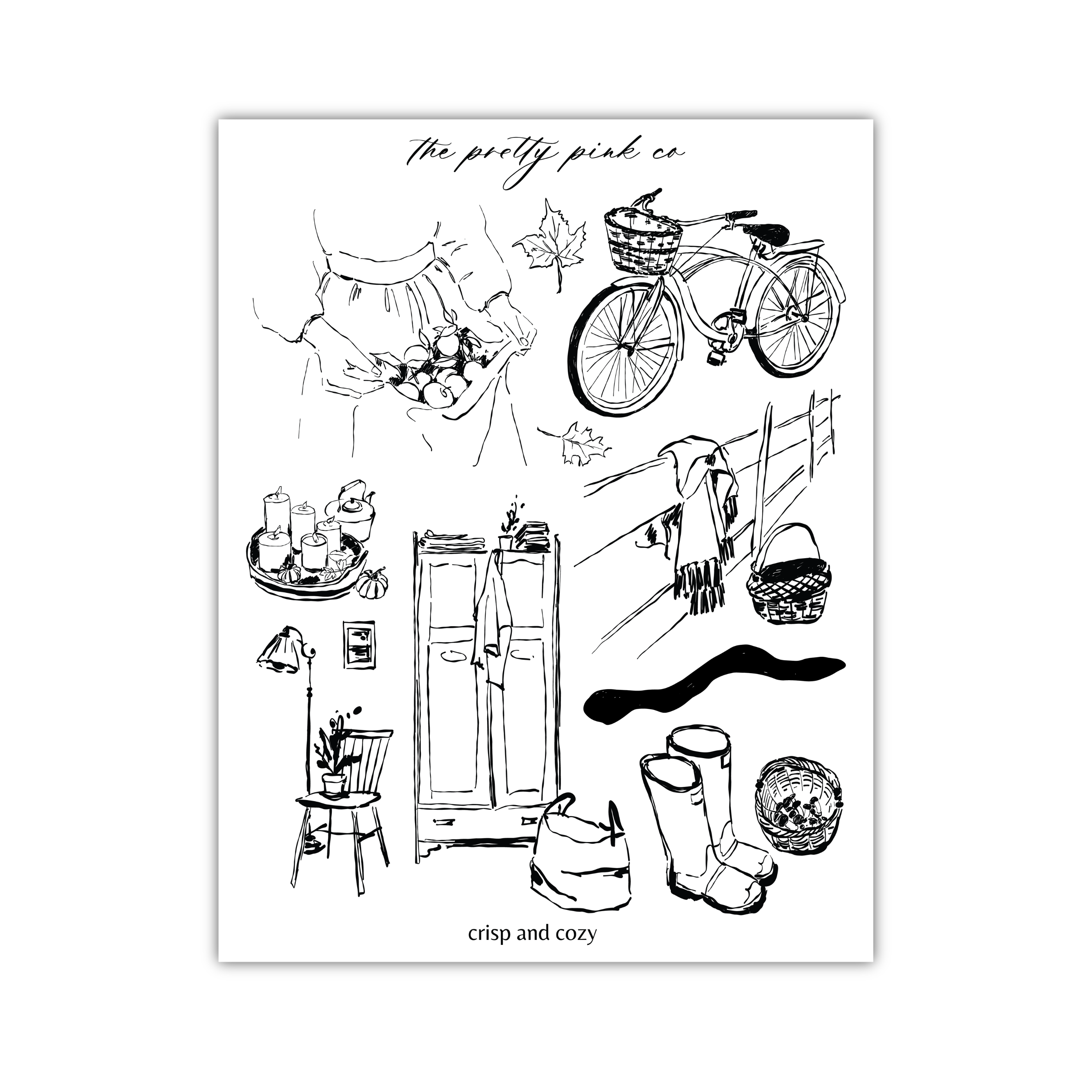 various objects and scenes, including a bicycle, a person, a chair, a lamp, a basket, a plant, a bag, and a pair of boots. The objects are depicted in a black and white illustration style, and the scene appears to be a collage of multiple images. The phrase "The pretty pink co" is written above the image, and the word "crisp and cozy" is written at the bottom of the image.