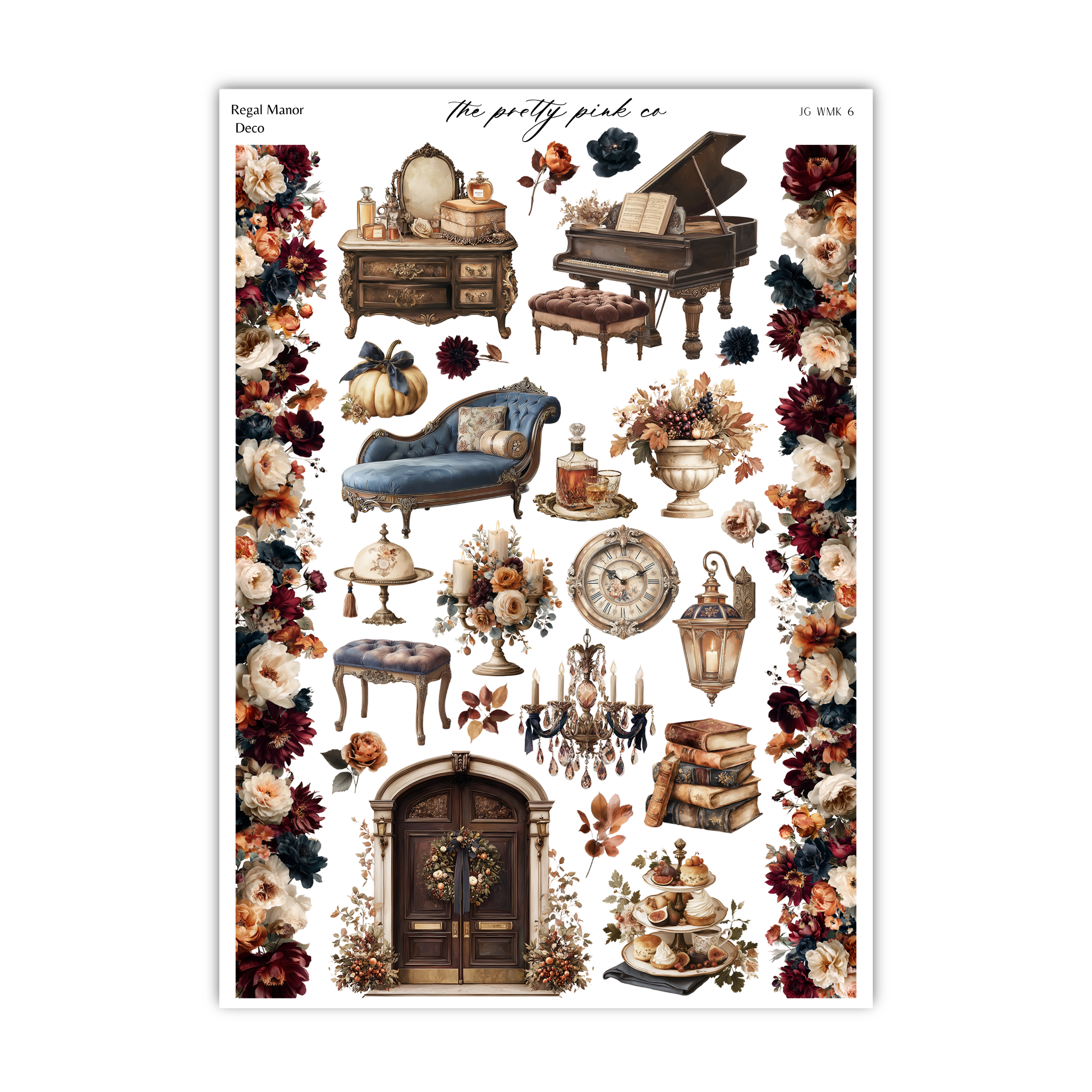 The image is a collage of various decorative items and furniture, including a piano, a sofa, a vase, a clock, a book, and other home decor elements, all set against a floral border.