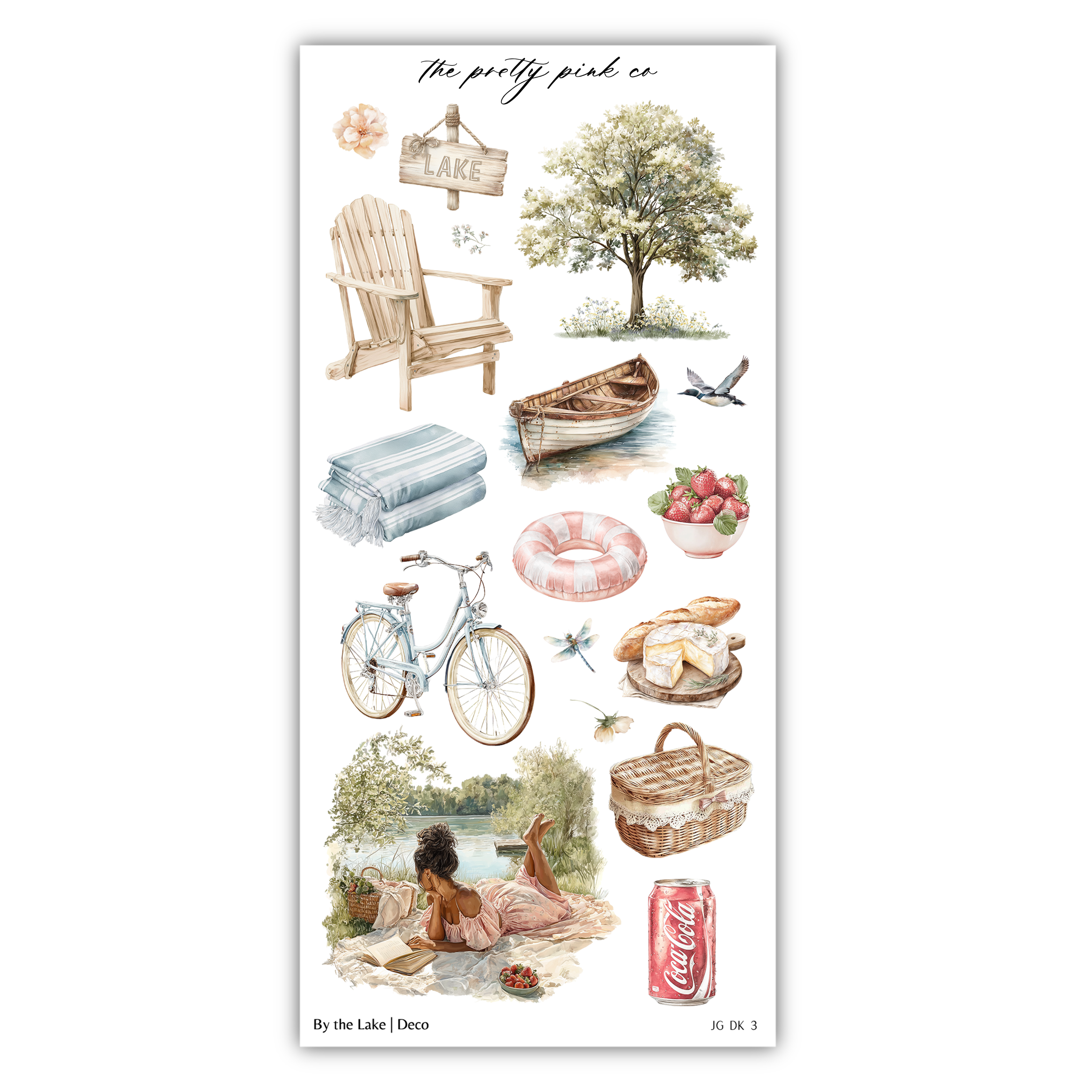 The image is a collage of various objects and scenes related to lakeside activities, including a wooden chair, a tree, a boat, a bicycle, a picnic basket, a person sitting on the grass, and a can of Coca-Cola.