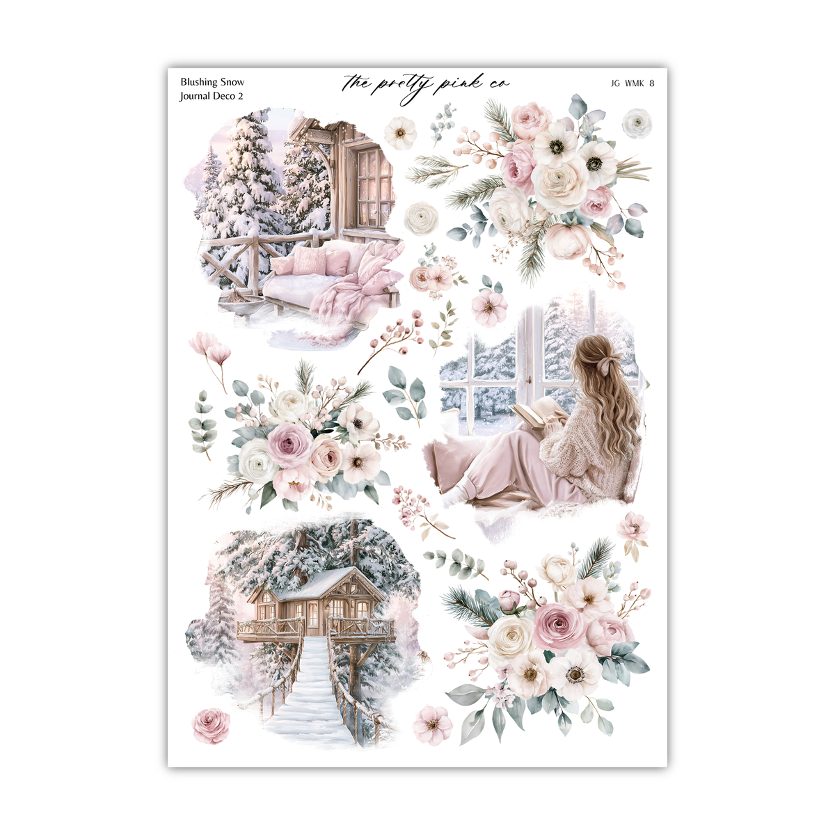 The image is a collage of various winter-themed scenes, including a snowy landscape, a woman sitting by a window, a cabin, and a snowy path.