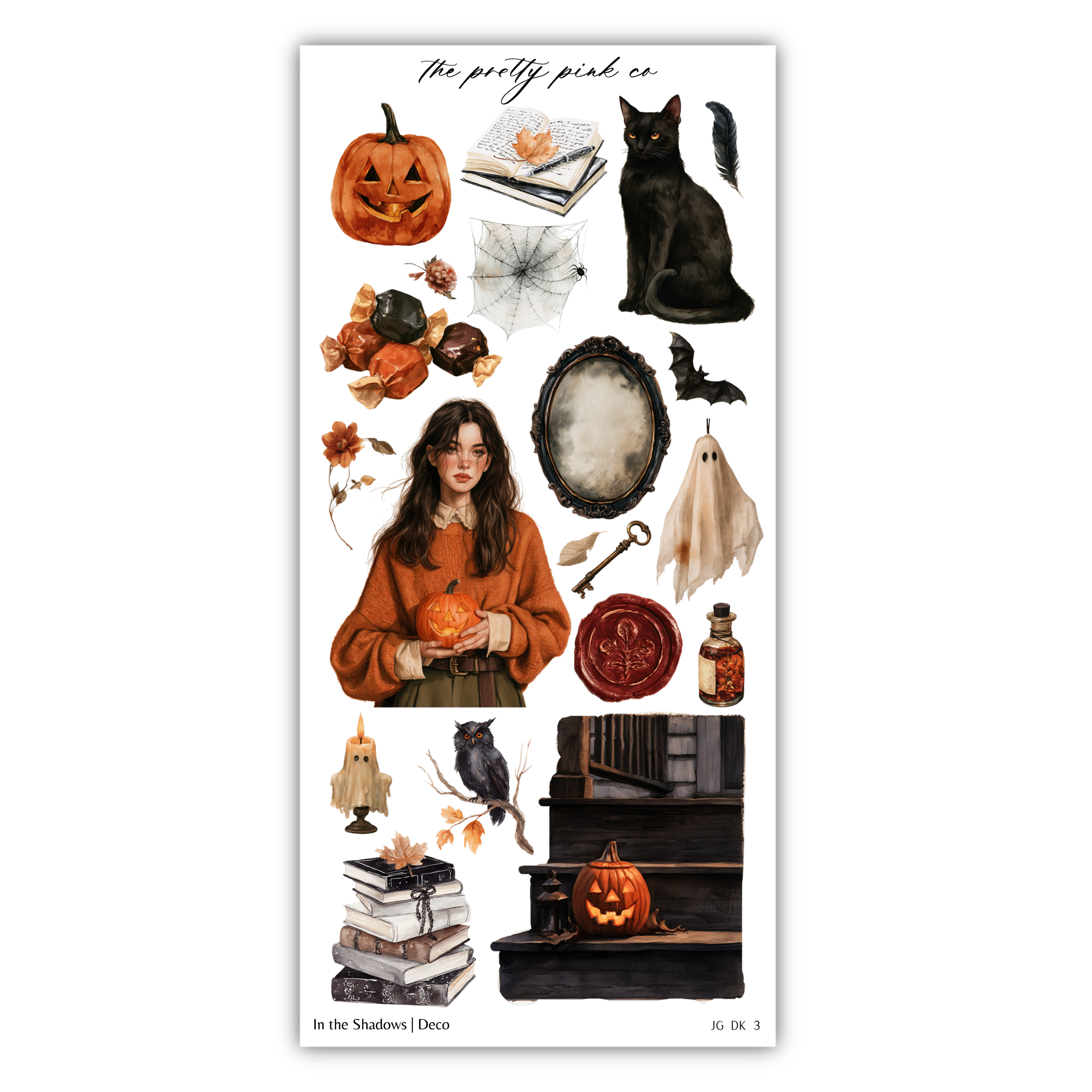 The image is a collage of Halloween-themed items, including a jack-o-lantern, a black cat, a witch's cauldron, a spider, a key, a bottle, a book, a pumpkin, a bird, and a staircase.