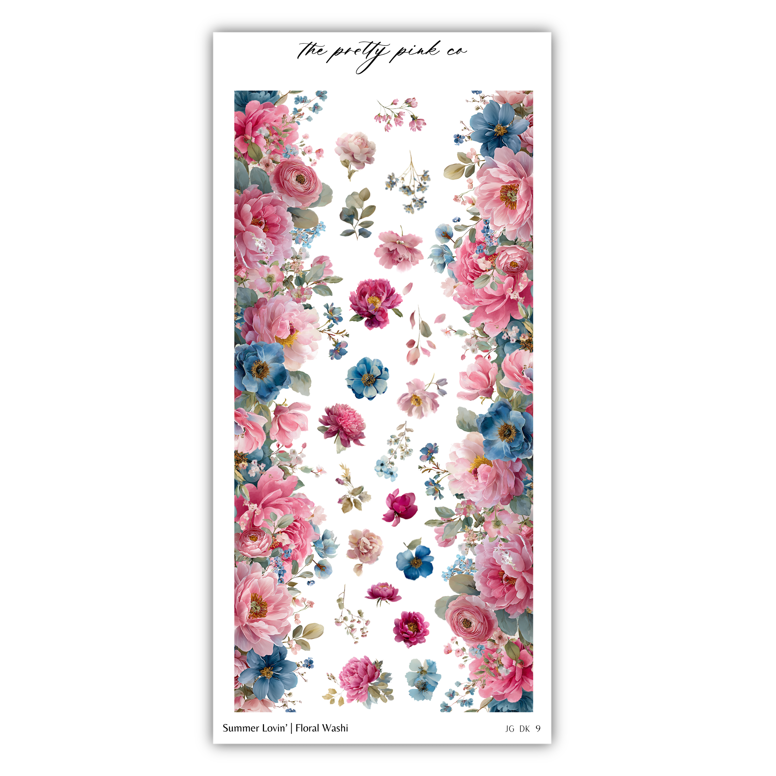 The image is a vertical arrangement of various colorful flowers, including pink, blue, and purple blooms, against a white background.