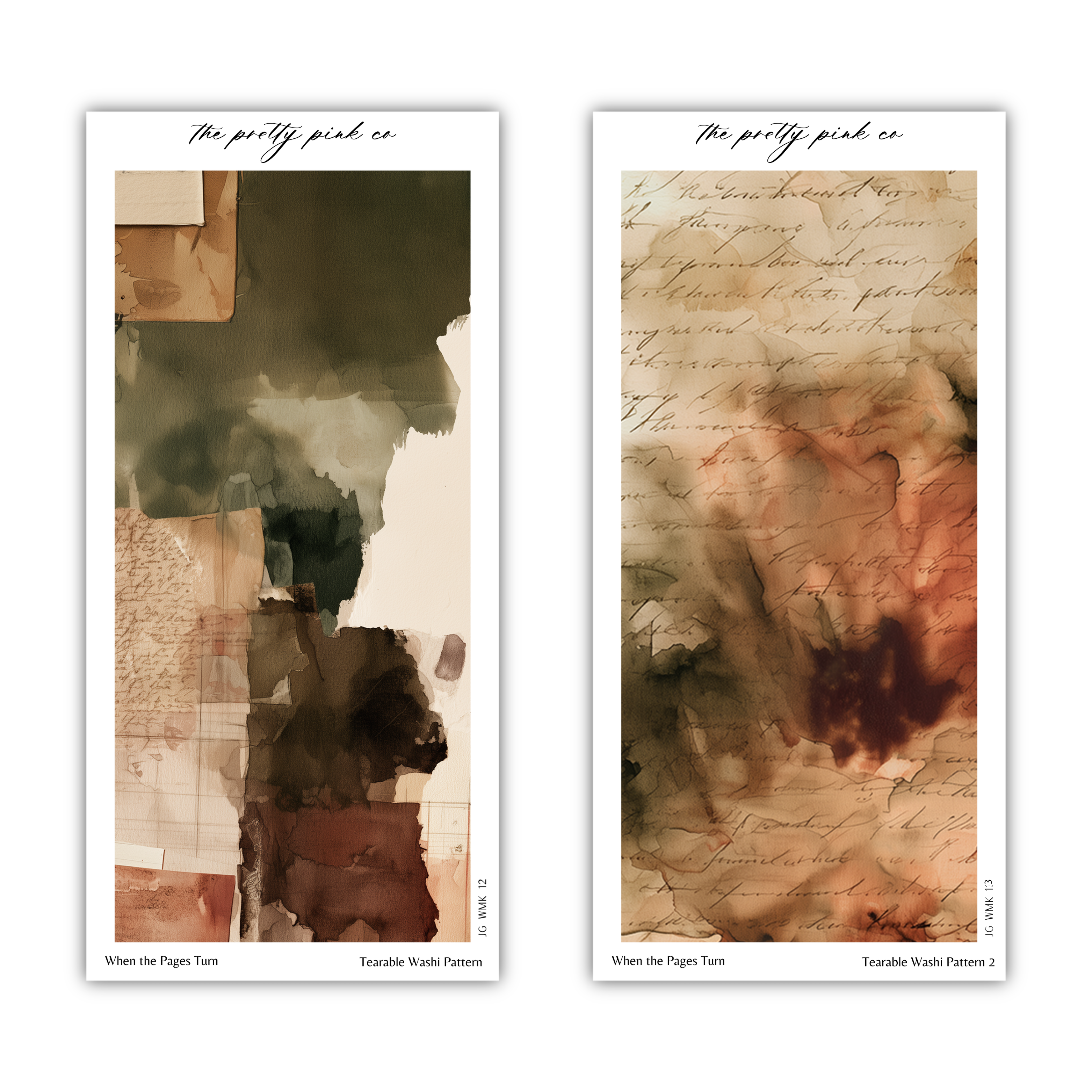two abstract artworks with different color schemes and textures. The artworks are titled "The pretty pink co" and "When the Pages Turn" respectively.