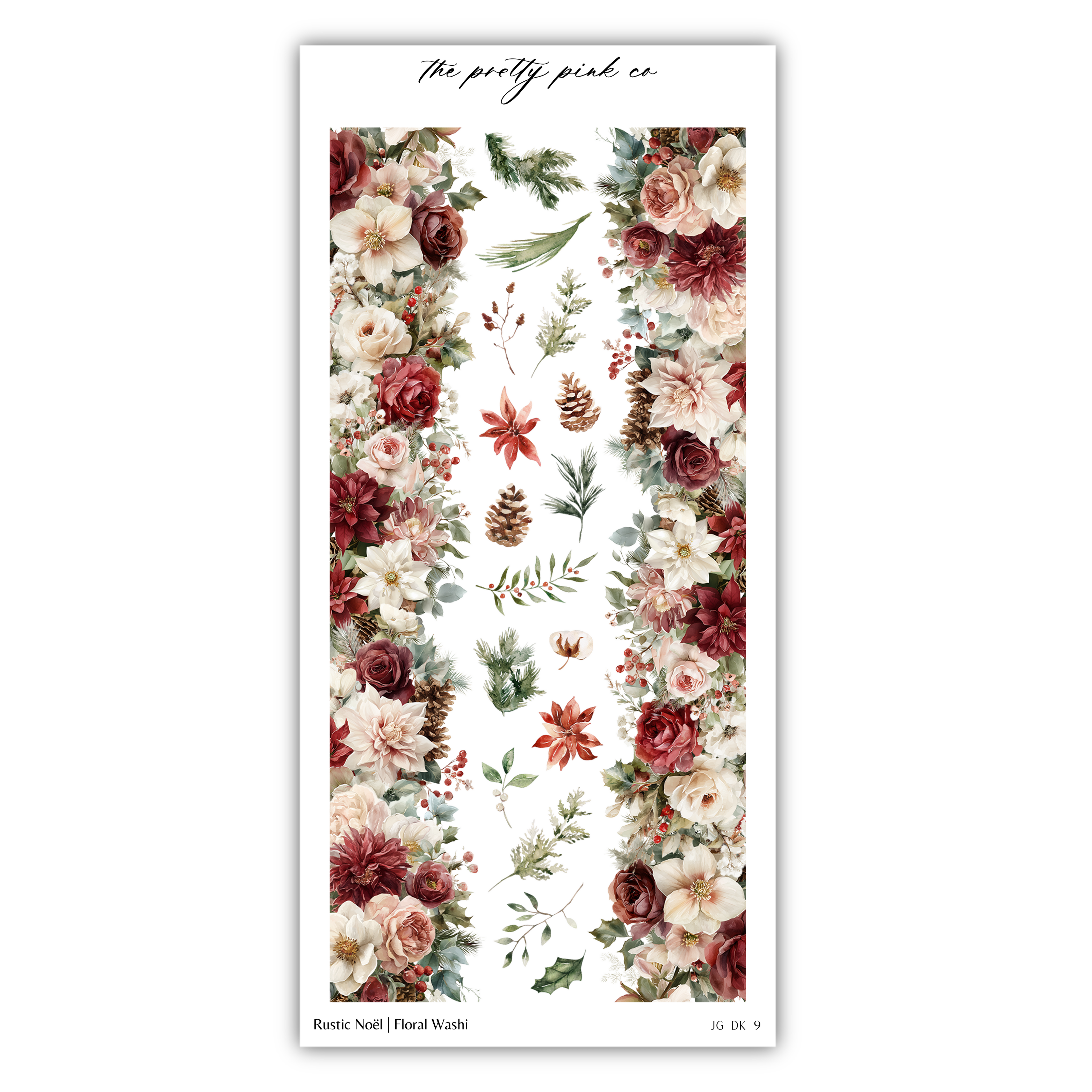 The image is a vertical arrangement of various floral elements, including roses, pine cones, and other natural elements, creating a visually appealing and decorative design.