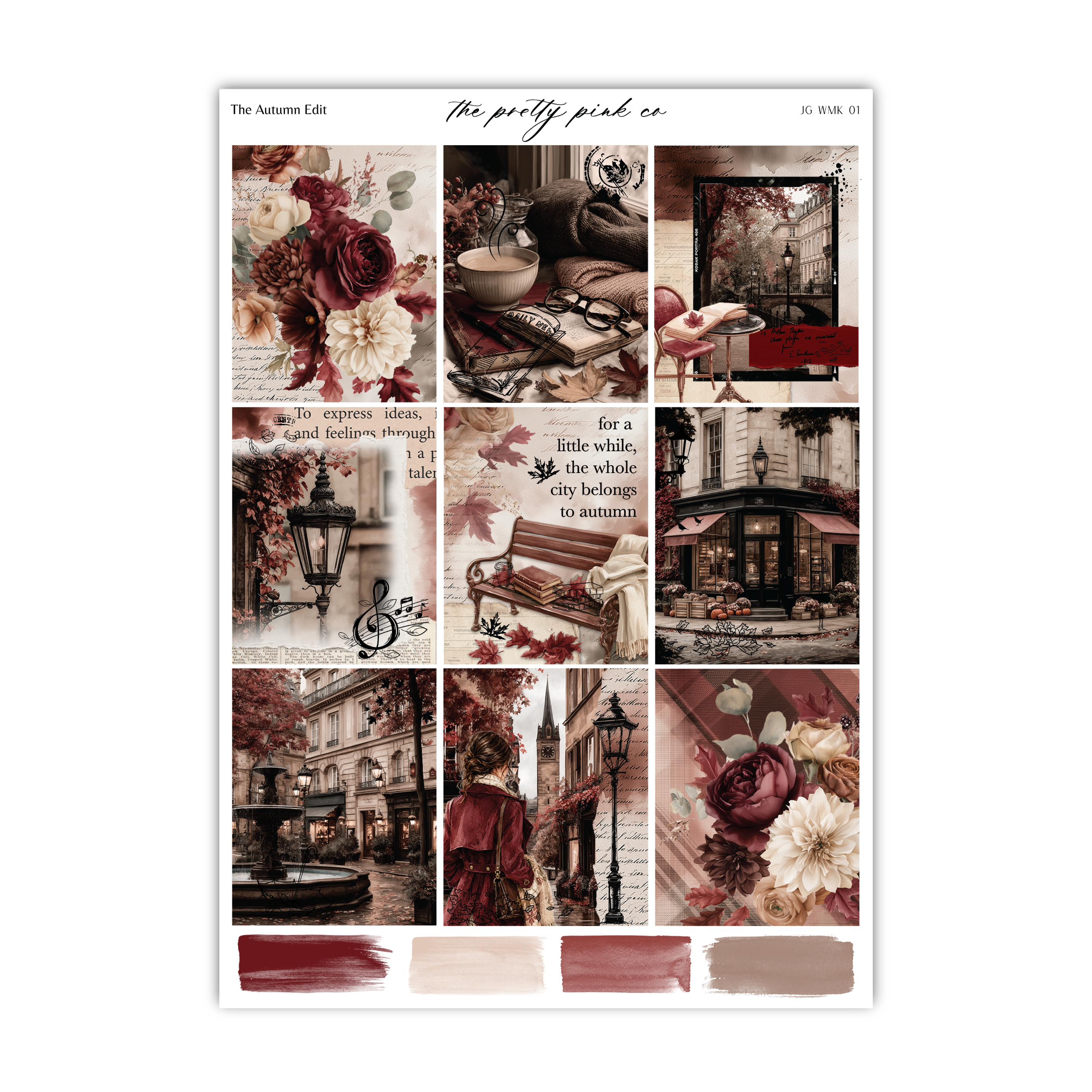 The image is a collage of various autumn-themed images, including floral arrangements, a lamp post, a bench, and a building. The collage is titled "The pretty pink co" and includes text that reads "To express ideas, and feelings, through a little while, the whole city belongs to autumn".