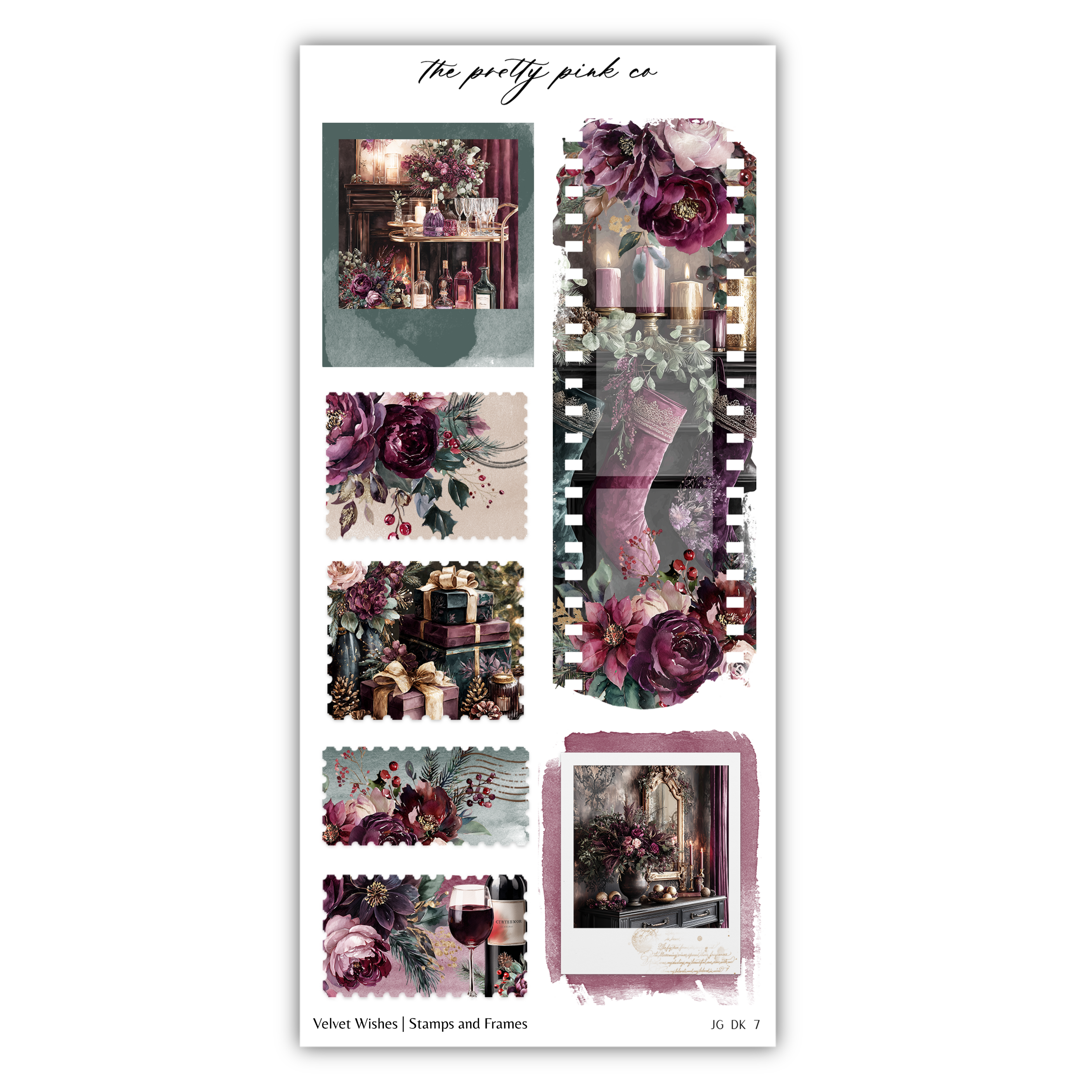 The image is a collage of various floral and decorative images, including a vase of flowers, a bouquet, and other decorative elements. The collage is titled "The pretty pink co" and includes images of velvet wishes, velvet wishes, velvet frames, and velvet frames.