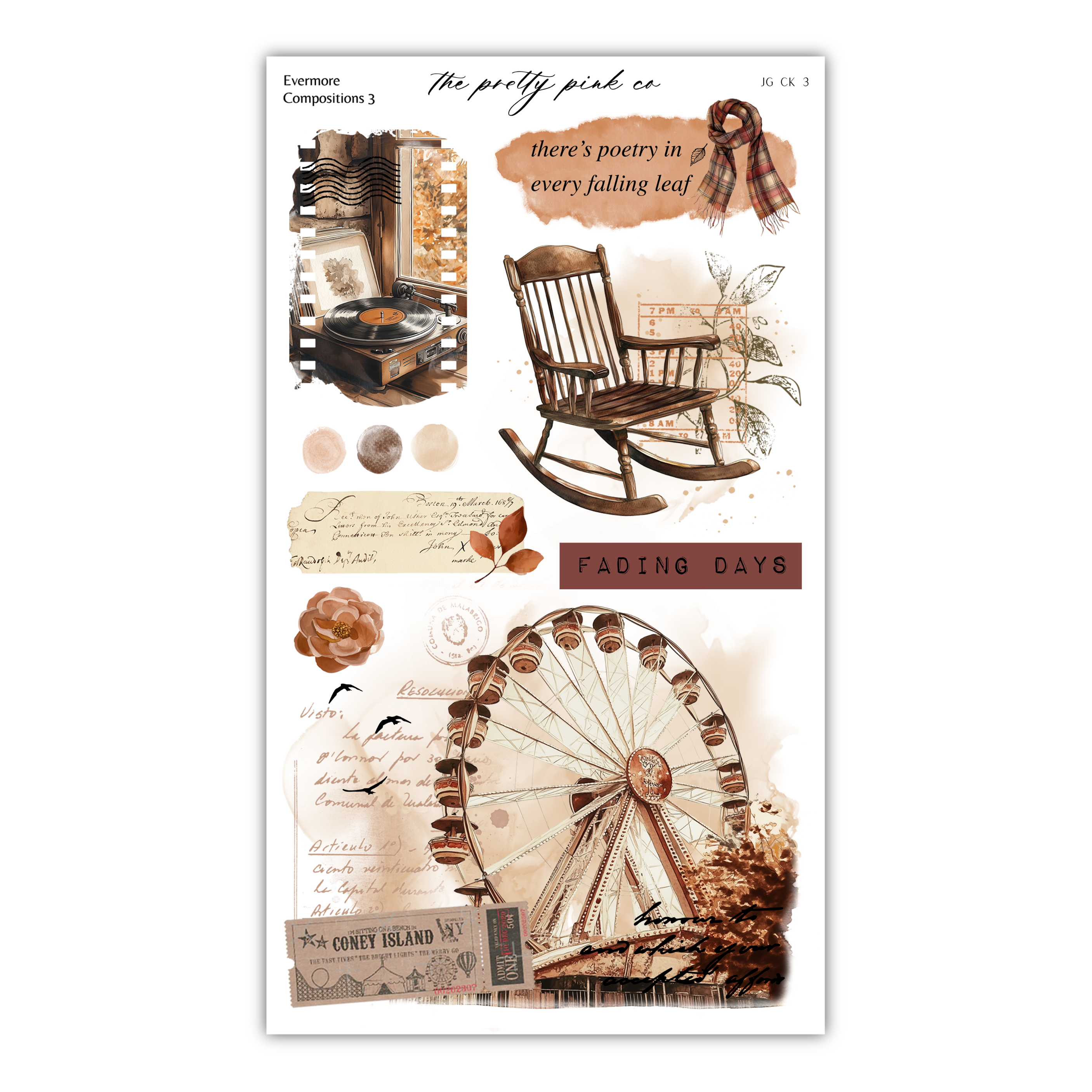 The image is a collage of various elements, including a rocking chair, a ferris wheel, and other decorative items, all set against a beige background.