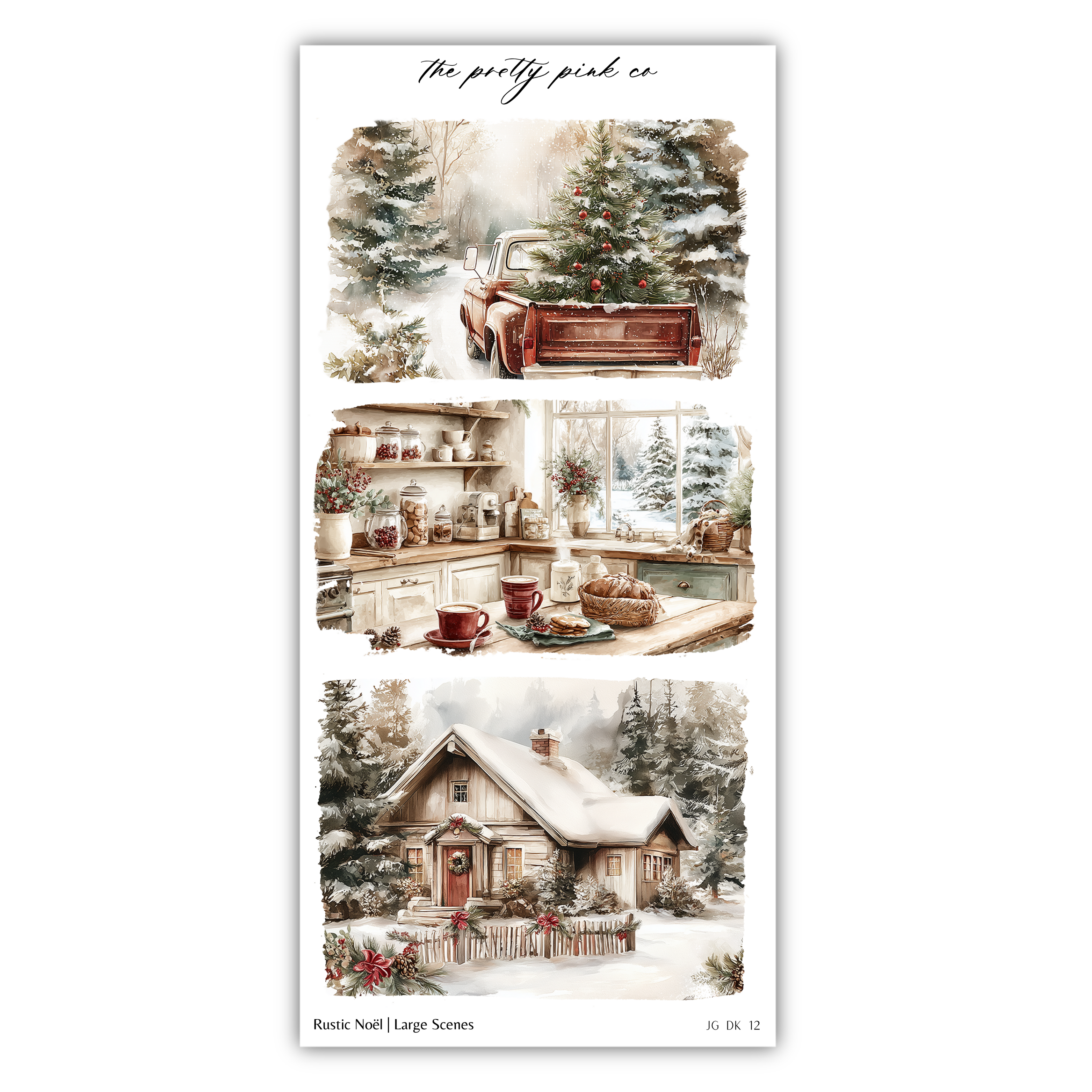 The image is a collage of three pictures depicting a cozy, rustic winter scene. The first picture shows a snowy landscape with a red truck parked in the background. The second picture depicts a quaint cabin with a Christmas tree in the window. The third picture shows a snowy house with a Christmas tree in the front yard.