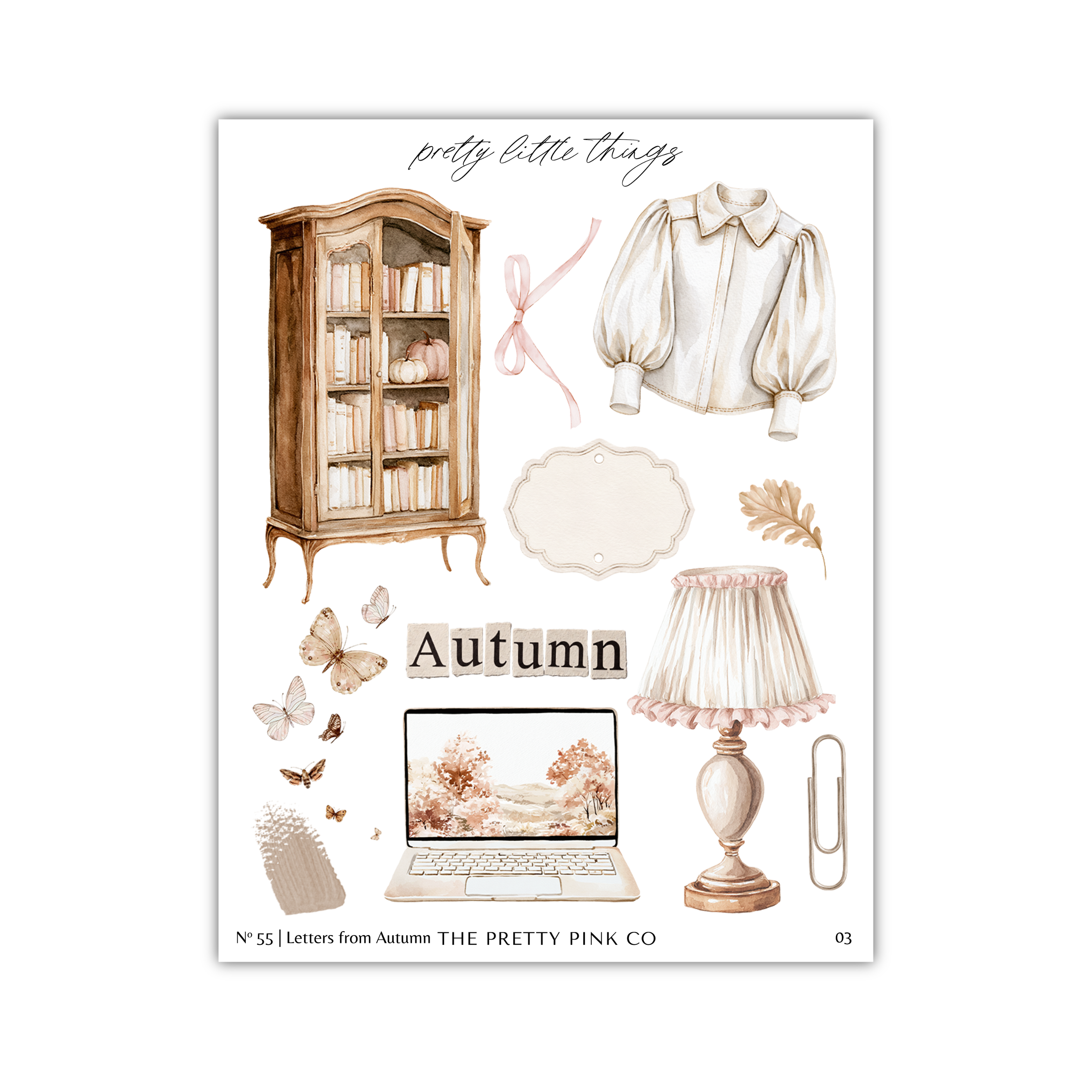 The image is a collage of various objects and items related to autumn, including a bookcase, a blouse, a lamp, butterflies, and a laptop.