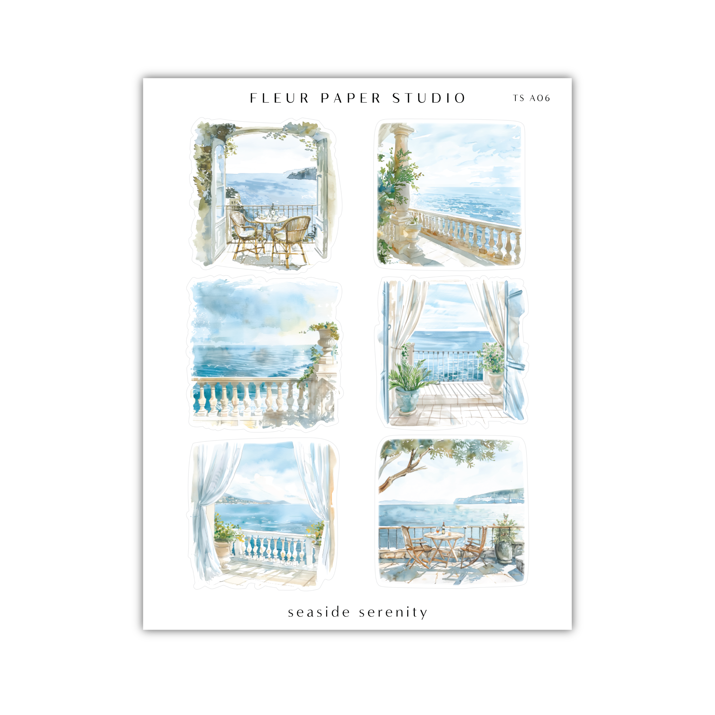 a watercolor painting of a balcony with a view of the ocean