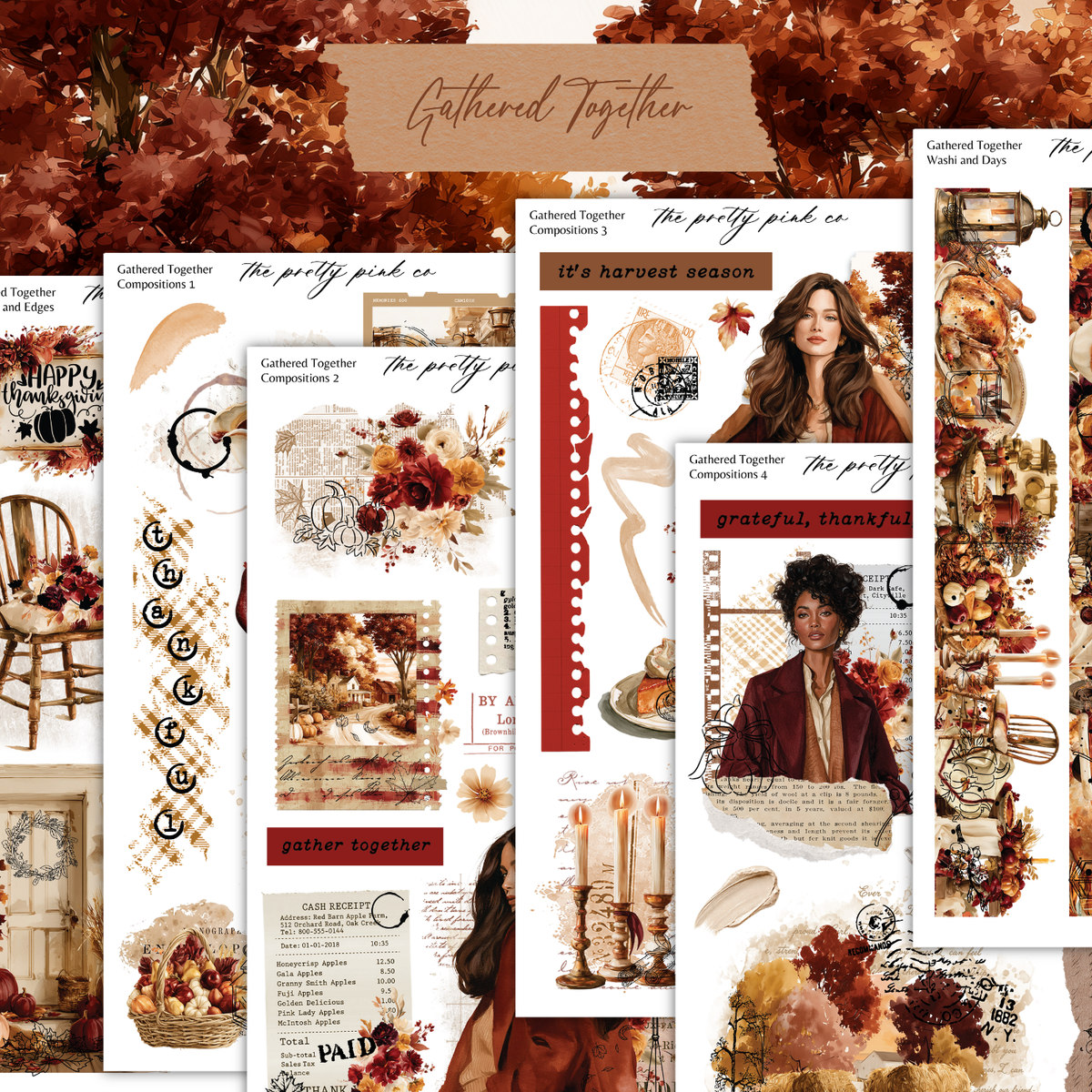 The image is a collage of various autumn-themed elements, including a tree, flowers, candles, and a woman. The collage is titled "Gathered Together" and includes text such as "The pretty pink co", "It's harvest season", and "The pretty pink co".