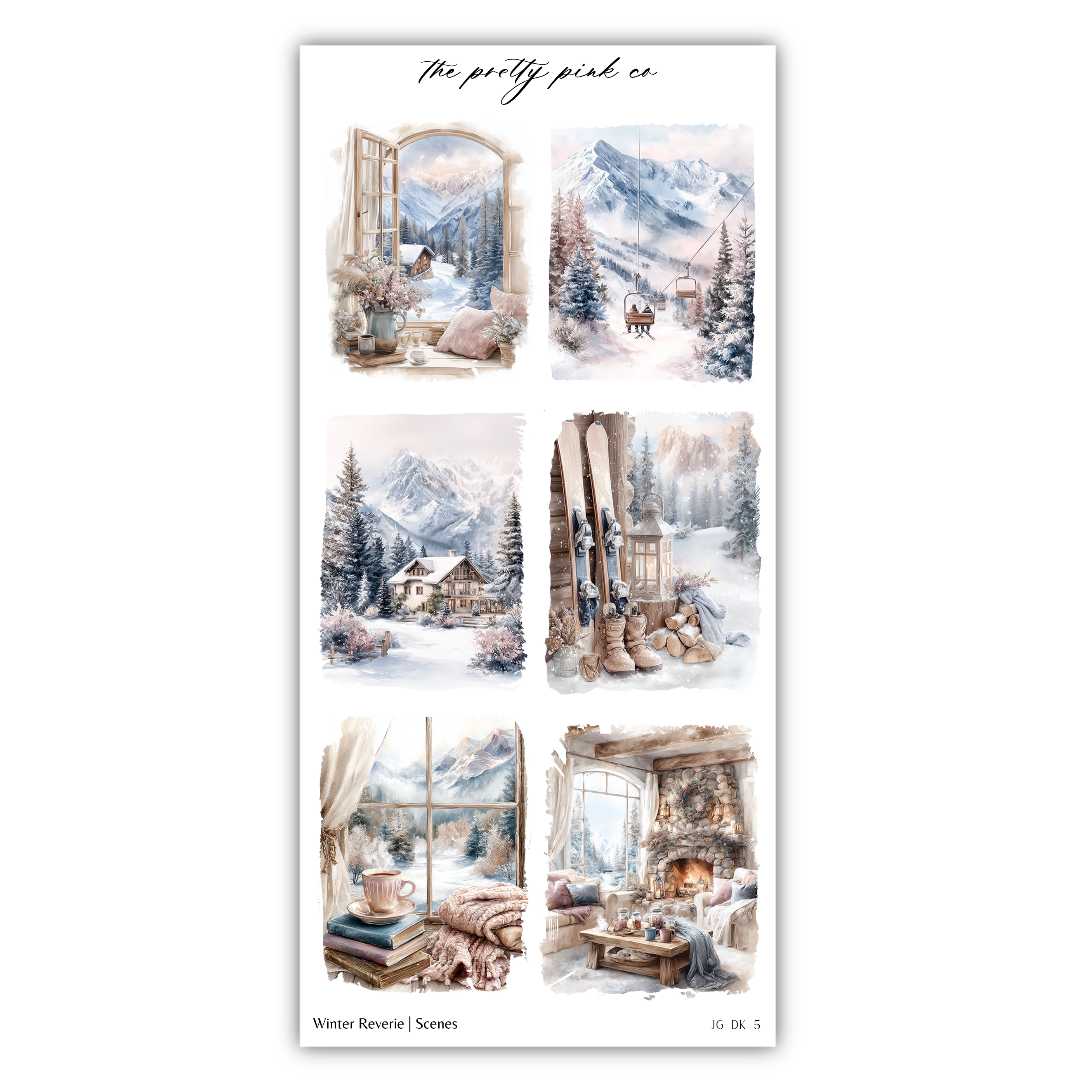 The image is a collage of six winter-themed scenes, each depicting a different aspect of the snowy mountain landscape. The scenes include a snowy mountain, a cozy cabin, a snowy landscape, a pair of skis, a fireplace, and a snowy window. The collage is titled "The pretty pink co" and includes the text "Winter Reverie" at the bottom.