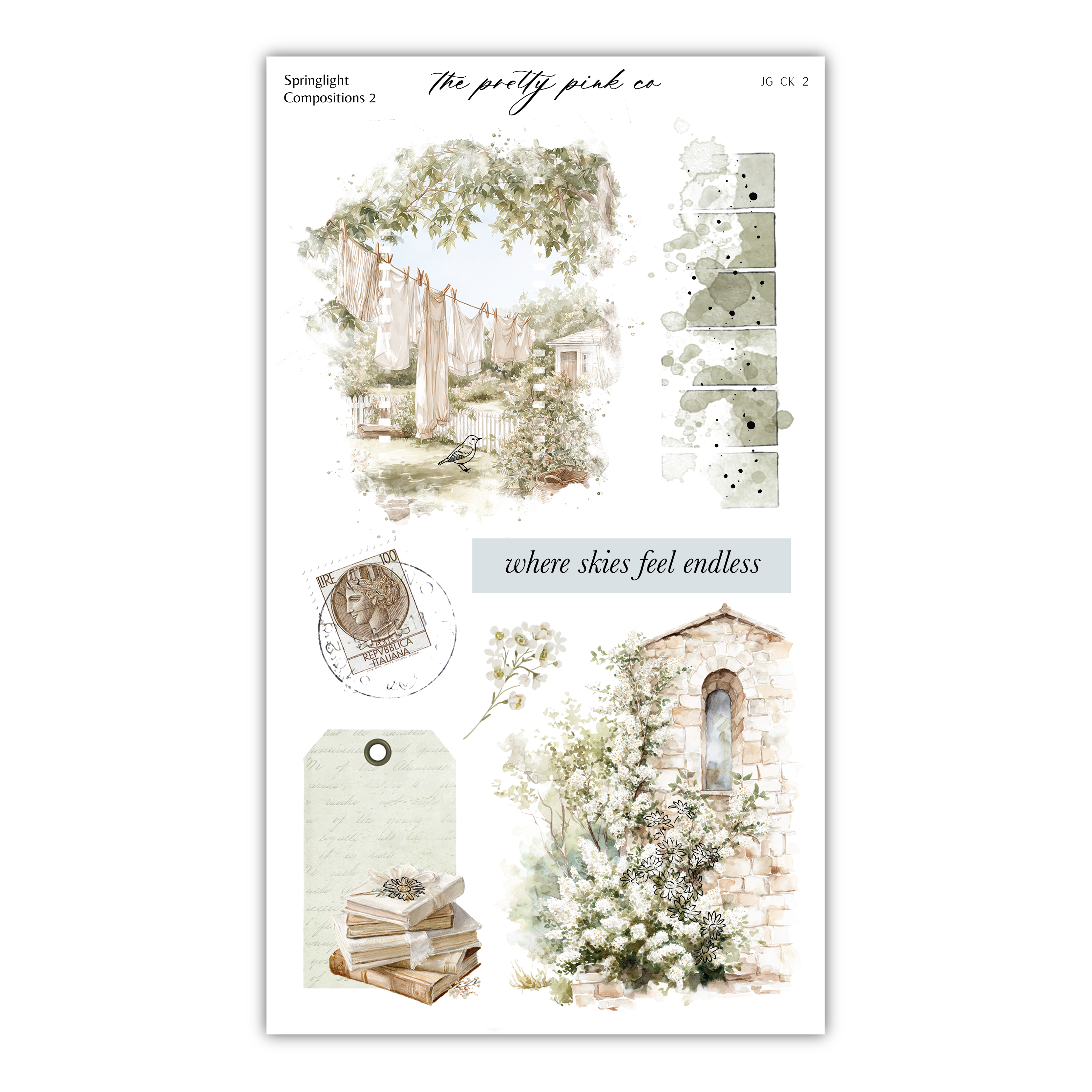 The image is a collage of various artistic elements, including a painting of a garden, a stone archway, a book, and a tree. The collage is titled "Springlight Compositions 2" and includes the phrase "where skies feel endless" in the center.