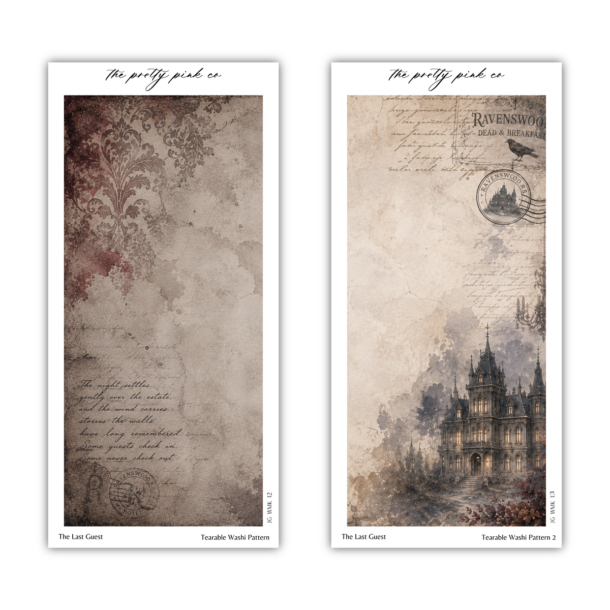 two separate pictures, each with a different background design. The left image has a vintage, distressed appearance, while the right image features a more detailed, castle-like illustration. The text in the image is too small to read clearly, and there are no specific phrases or descriptions provided.