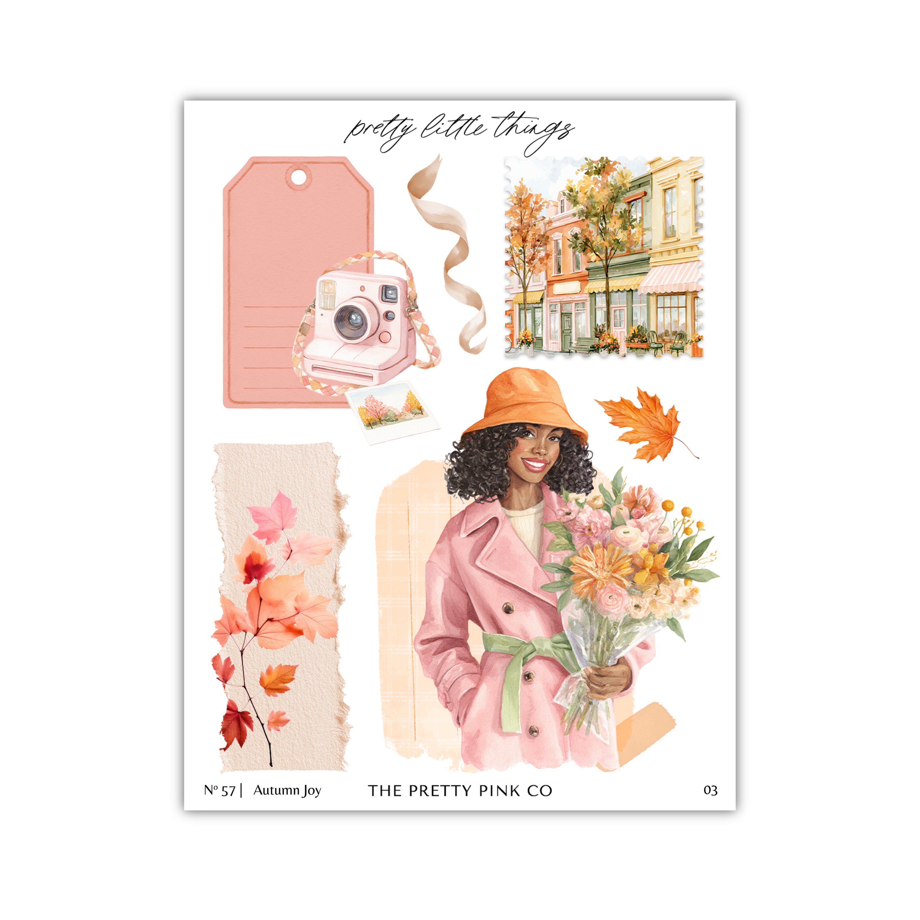 The image is a collage of various elements, including a woman holding a bouquet of flowers, a pink camera, autumn leaves, and a building.