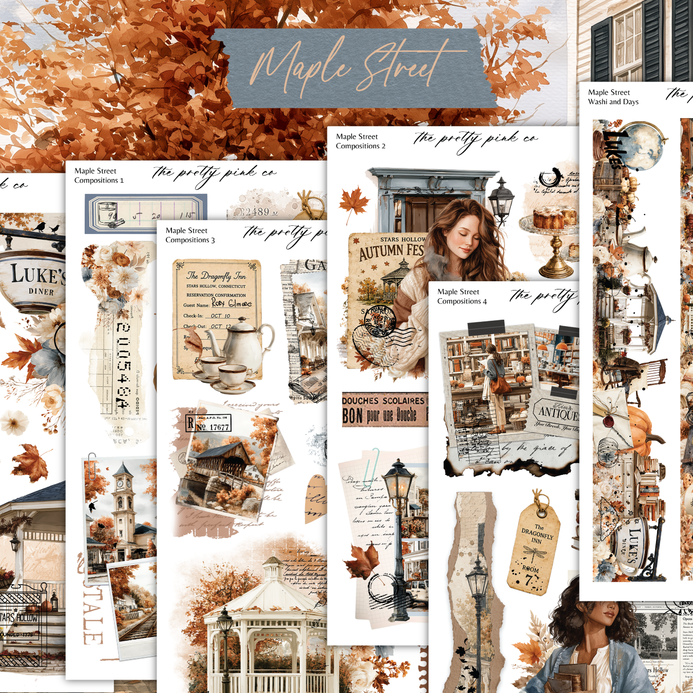 The image is a collage of various autumn-themed elements, including leaves, buildings, and other decorative items. The collage is titled "Maple Street" and includes text such as "The pretty pink co", "Autumn Fest", "Maple Street Compromise 1", "Maple Street Compromise 3", and "Maple Street Compromise 4". The collage features a variety of autumn-themed elements, such as a woman holding a lantern, a clock, and a book, as well as a gazebo and a clock tower.