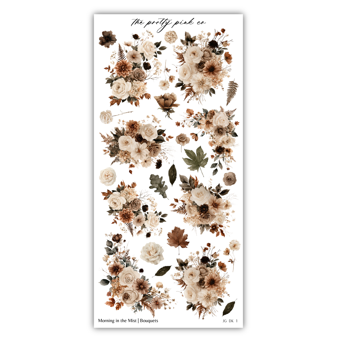 The image is a collage of various floral arrangements, including bouquets and leaves, in different shades of brown, white, and beige.