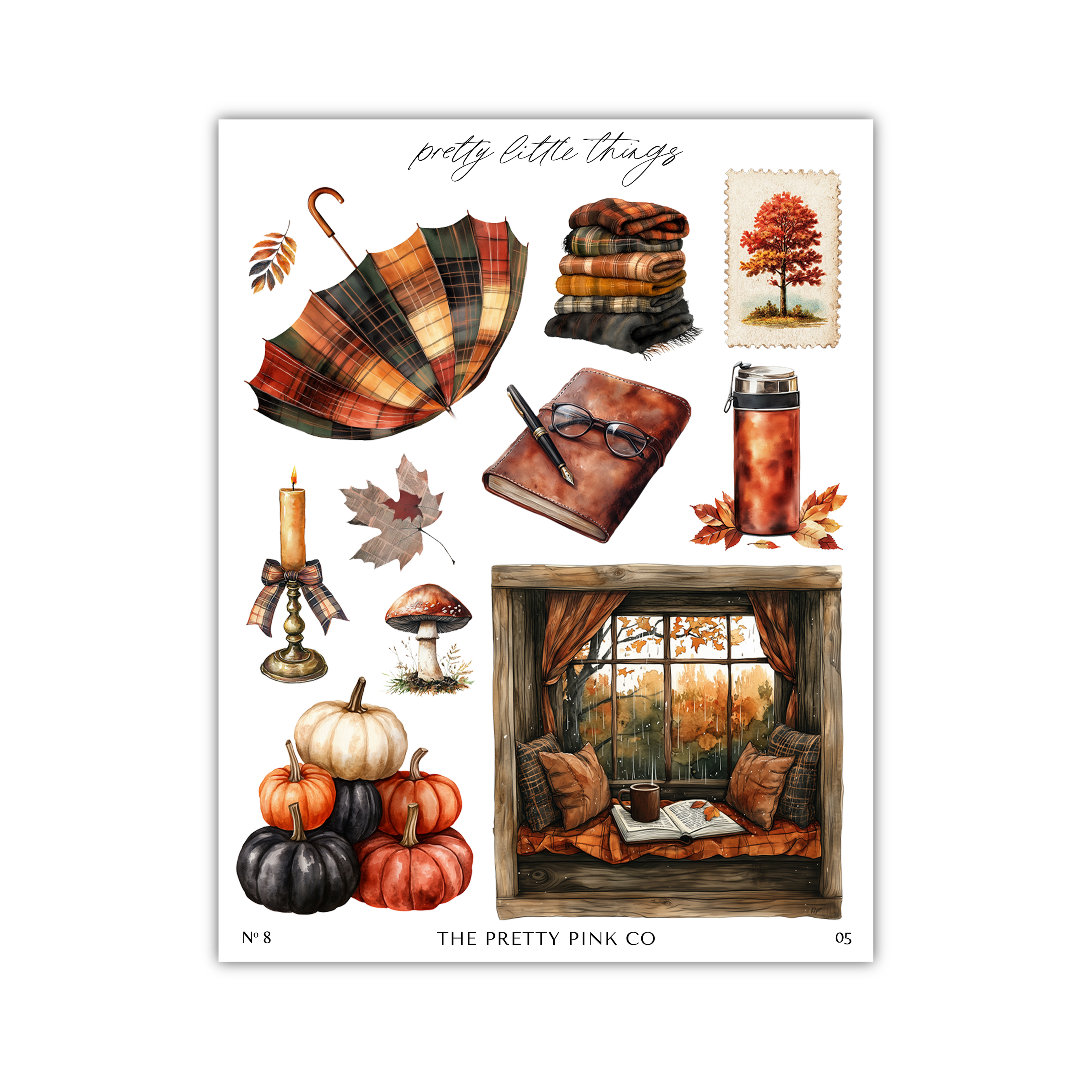 The image is a collection of various autumn-themed items, including a plaid umbrella, a stack of blankets, a mug, a candle, a mushroom, a pumpkin, a book, and a window.