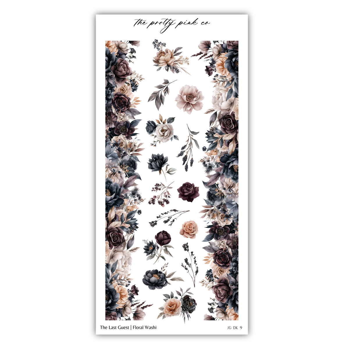 The image is a collage of various floral designs, including roses, leaves, and other flowers in different shades of brown, black, and white. The collage is titled "The Last Guest / Floral Washi" and includes images of the floral designs.