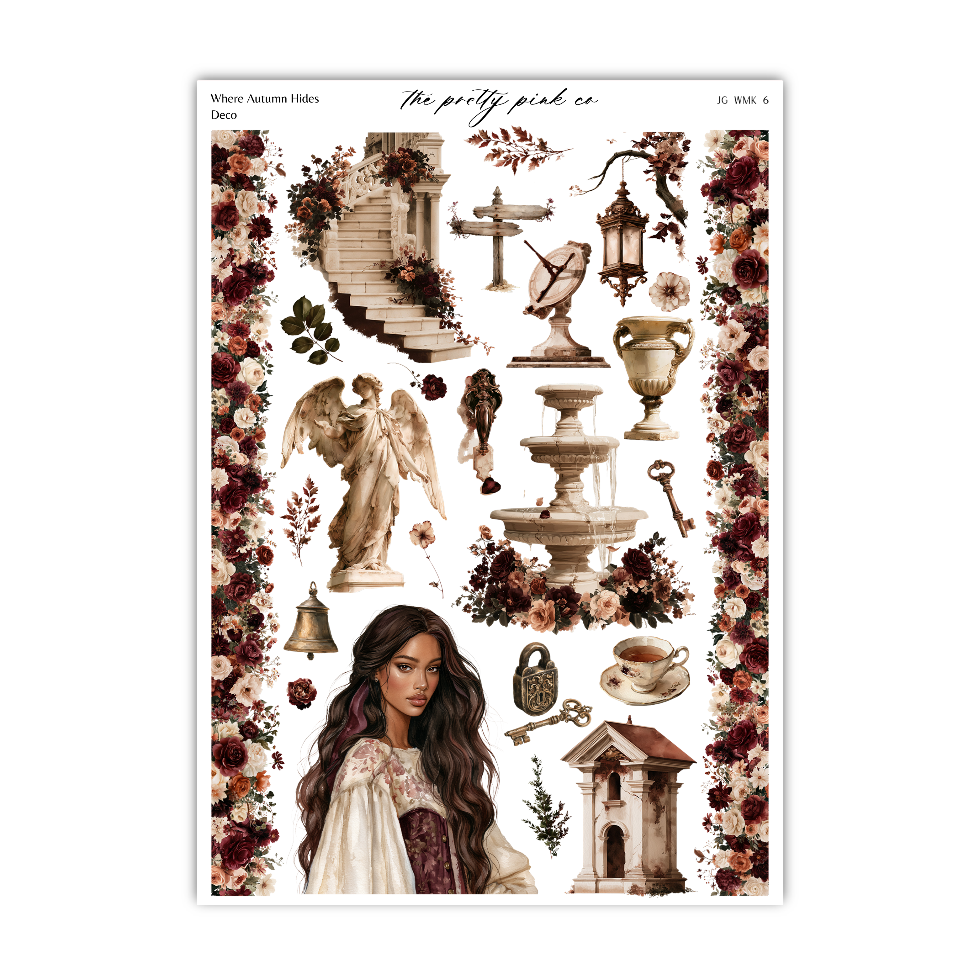 The image is a collage of various autumn-themed items, including a statue, a fountain, a woman, and other decorative elements, all set against a floral border.