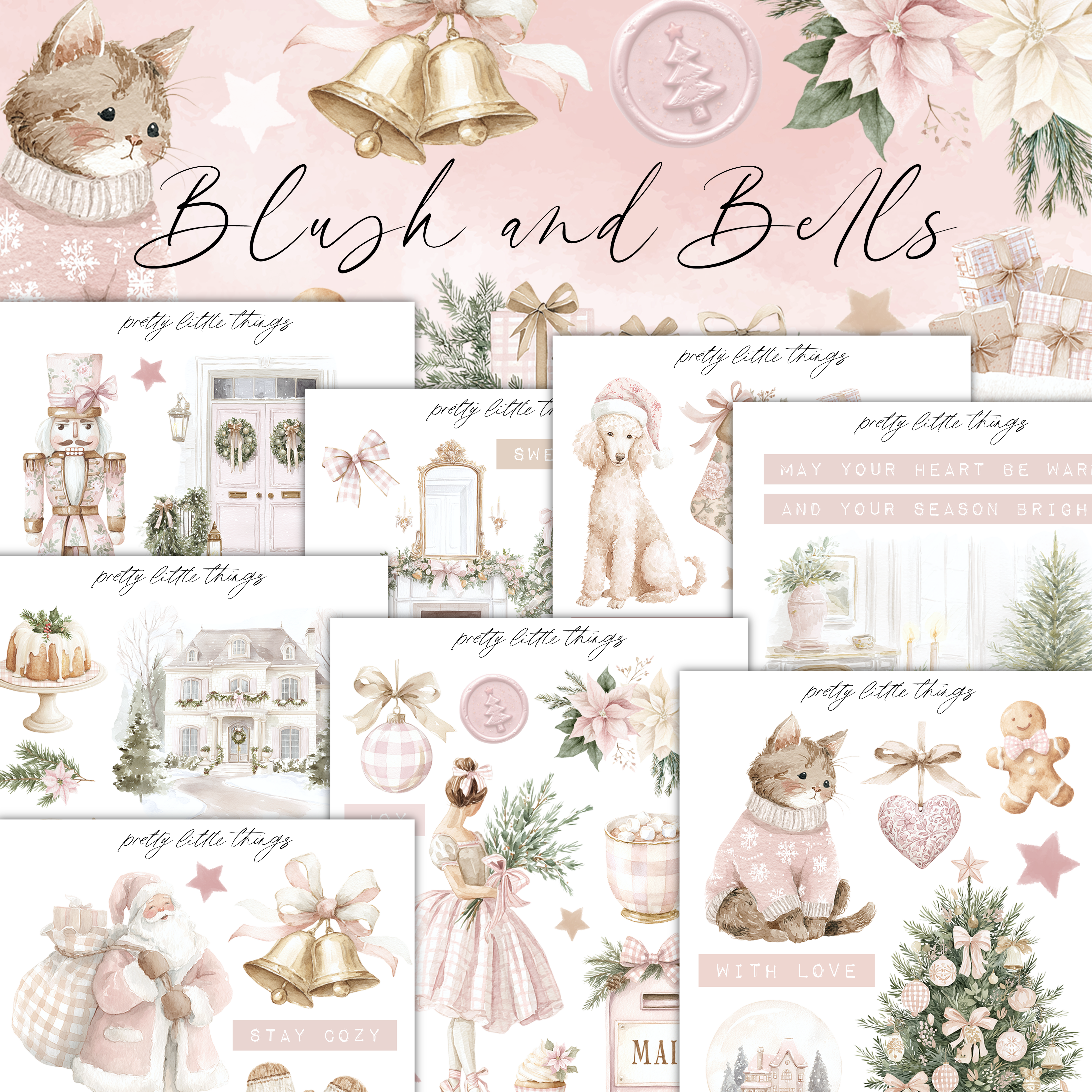 The image is a collage of various Christmas-themed illustrations and decorations, including a cat, bells, flowers, a house, and other festive elements.
