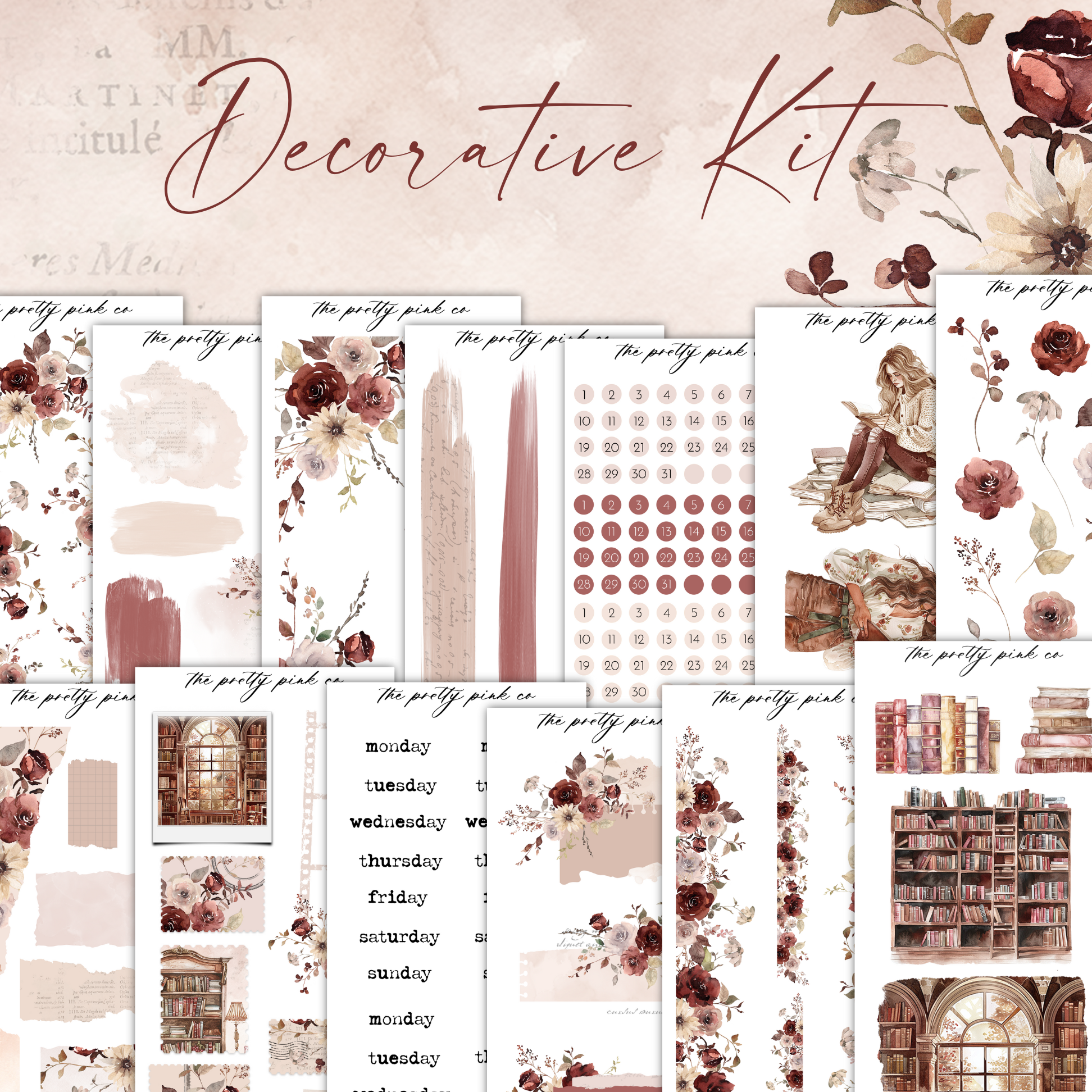 a set of decorative kit with flowers and books