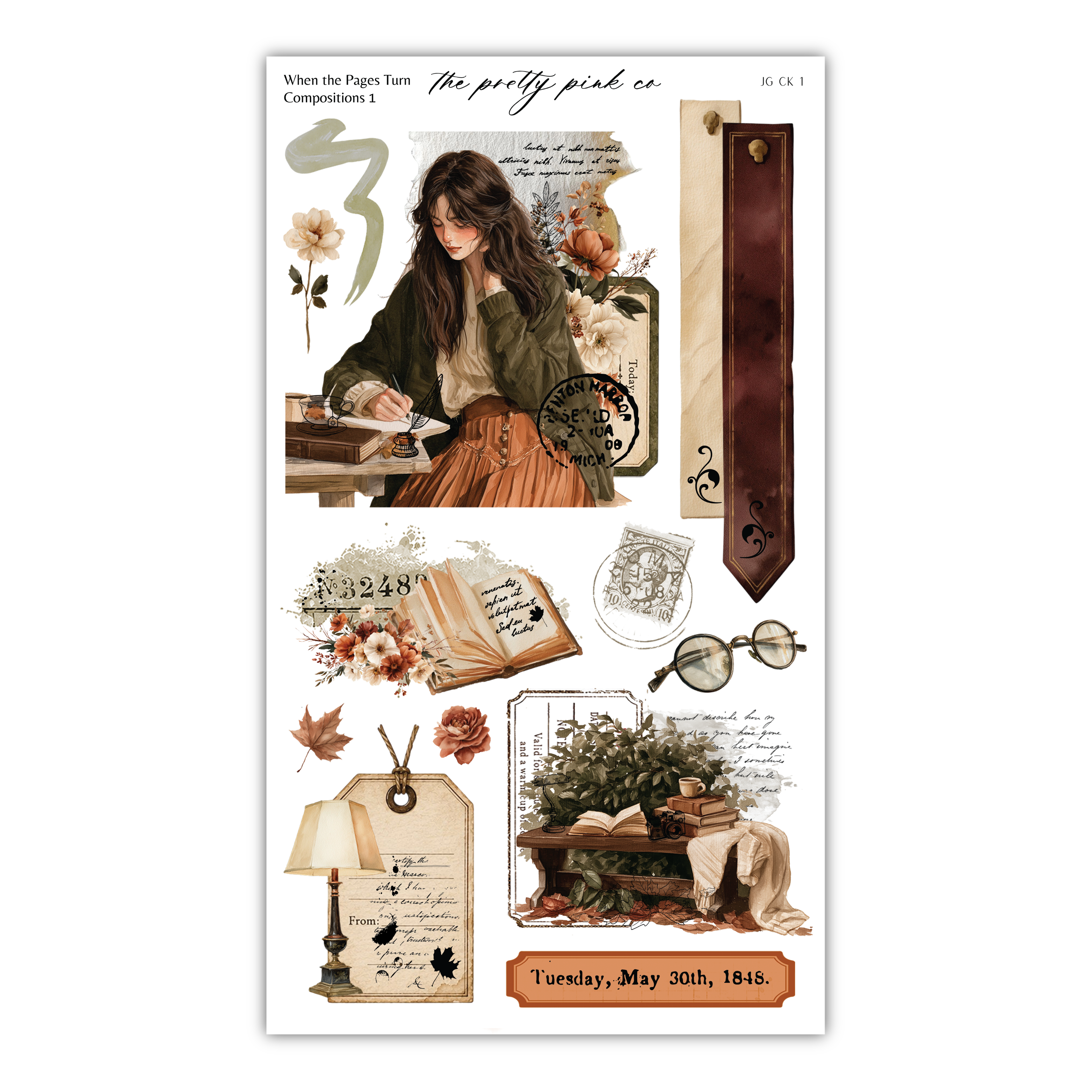 The image is a collage featuring a woman sitting at a desk, surrounded by various objects such as a book, glasses, and a lamp.