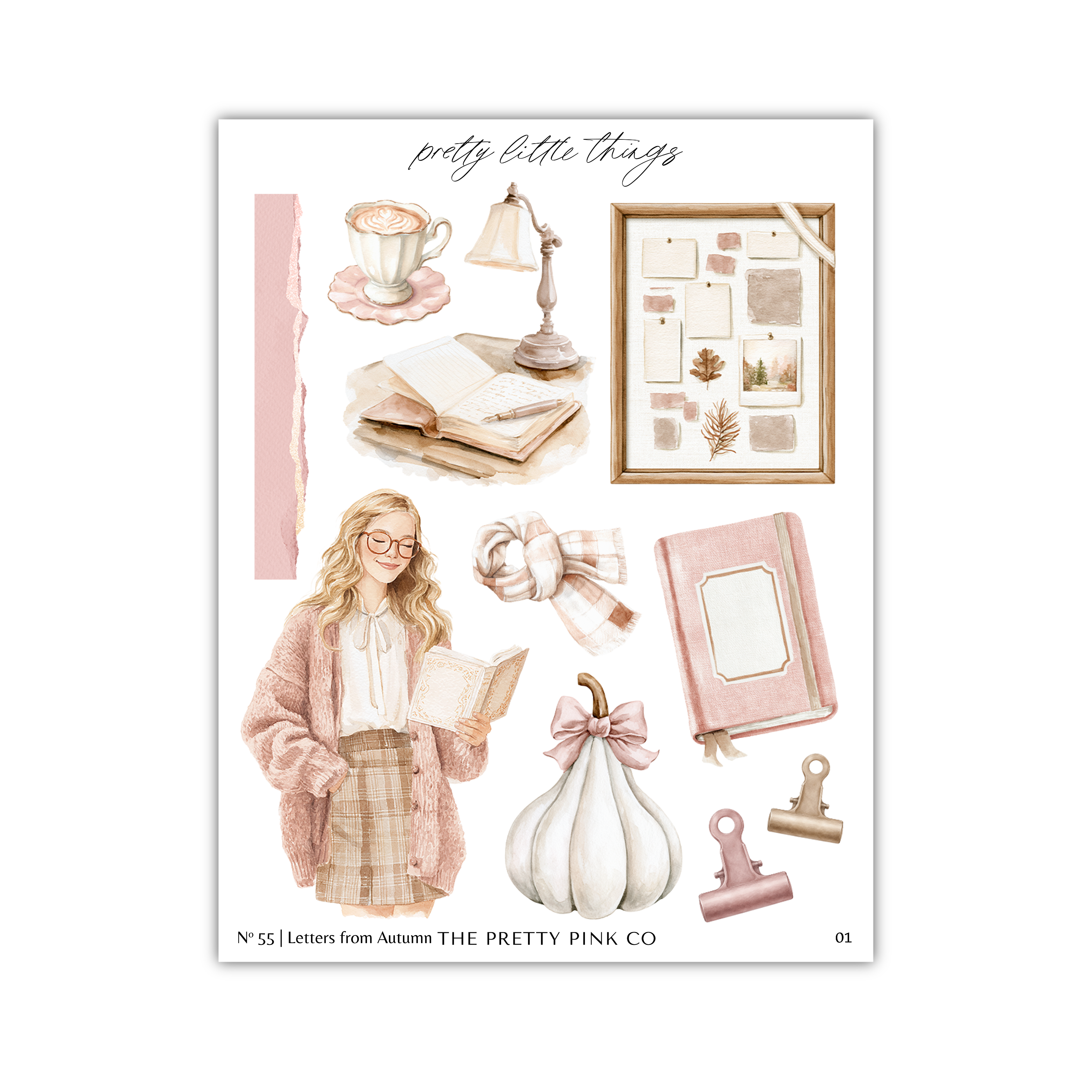 The image is a collage of various objects and a woman, including a cup, lamp, book, pumpkin, and other decorative items, as well as a woman reading a book.