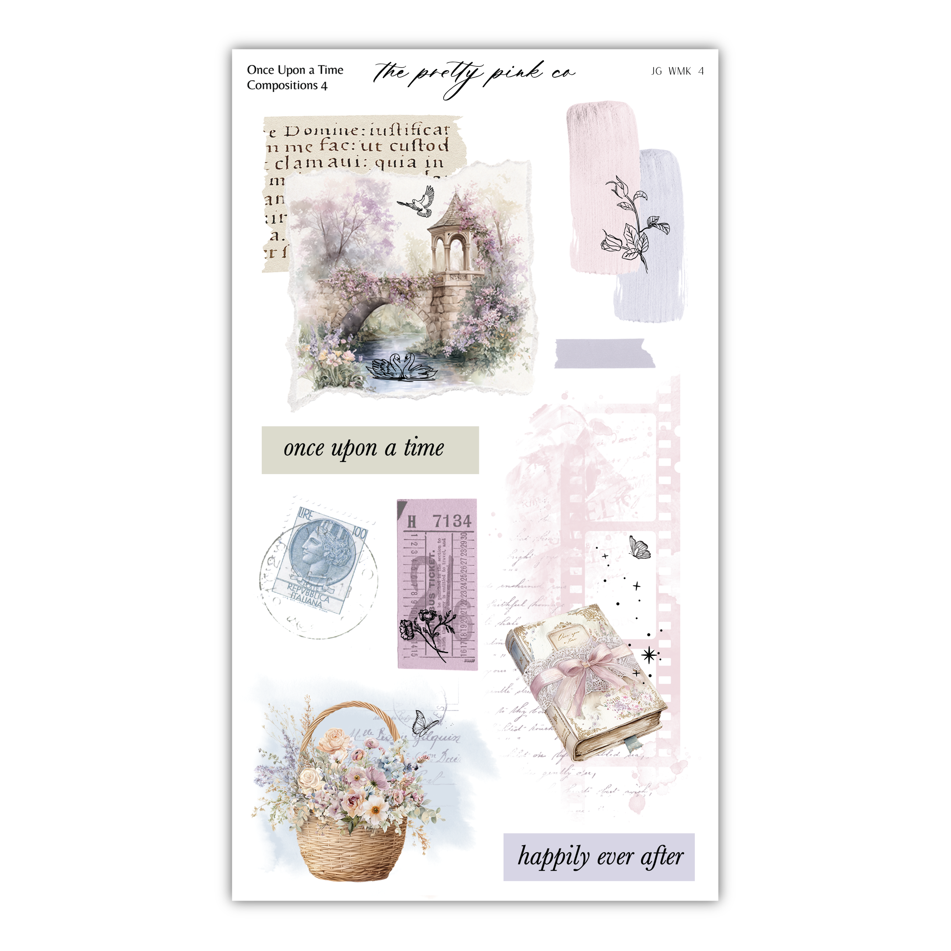 The image is a collage of various artistic elements, including a bridge, flowers, a book, and a basket, all rendered in a pastel color palette.
