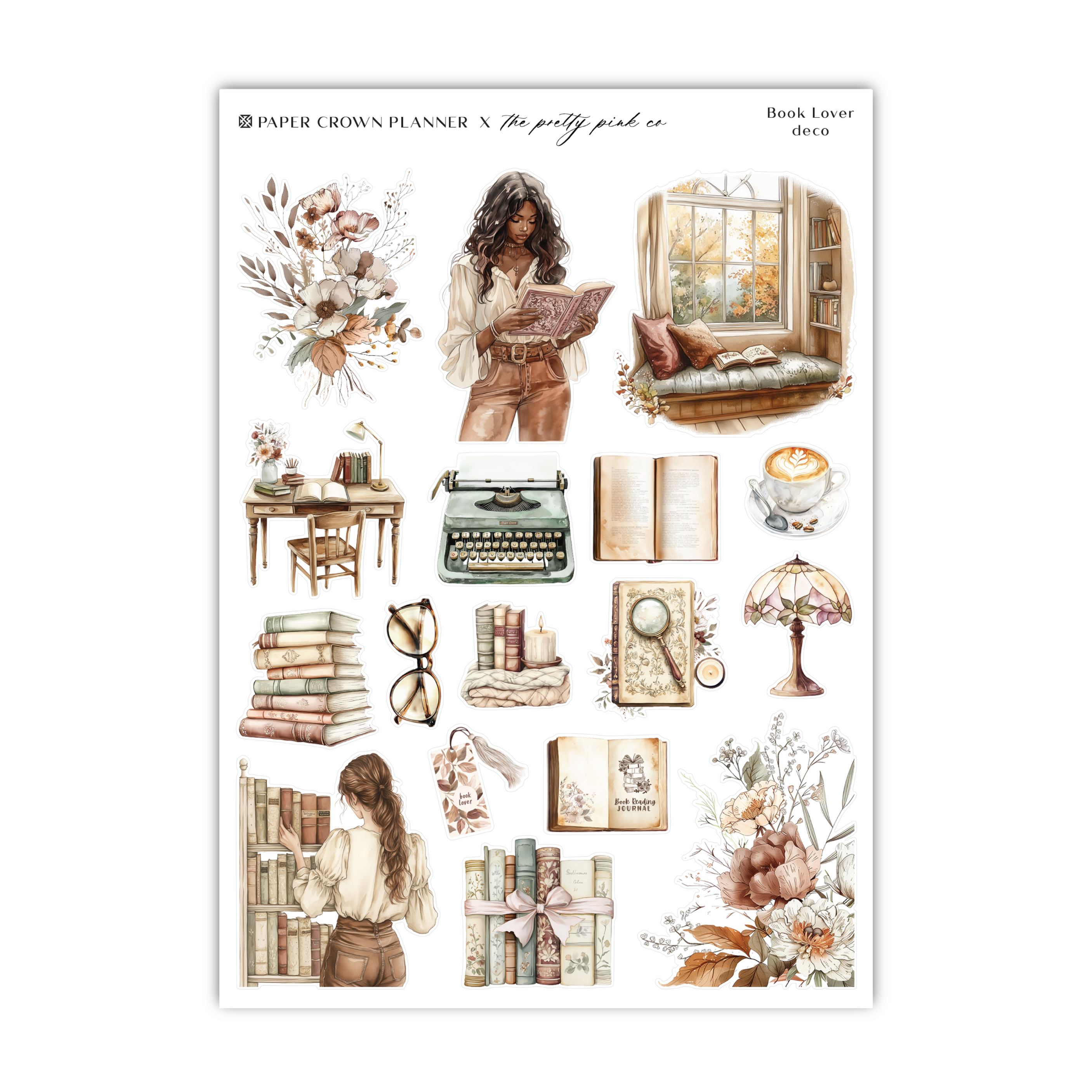 a sheet of stickers with a picture of a woman and a typewriter