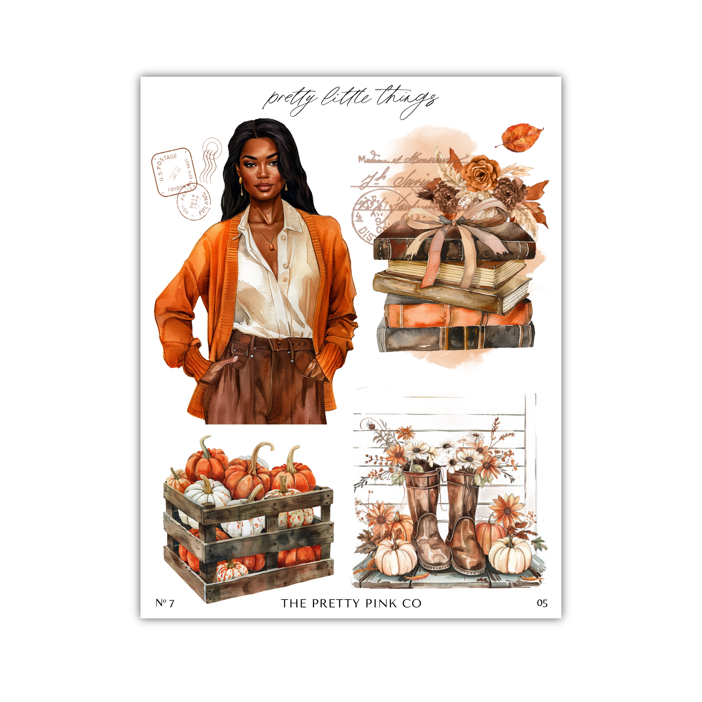 The image is a collage of three different images, each depicting a different aspect of autumn. The first image shows a woman wearing an orange cardigan and sitting in a chair. The second image features a wooden crate filled with pumpkins. The third image shows a pair of boots and a vase of flowers.