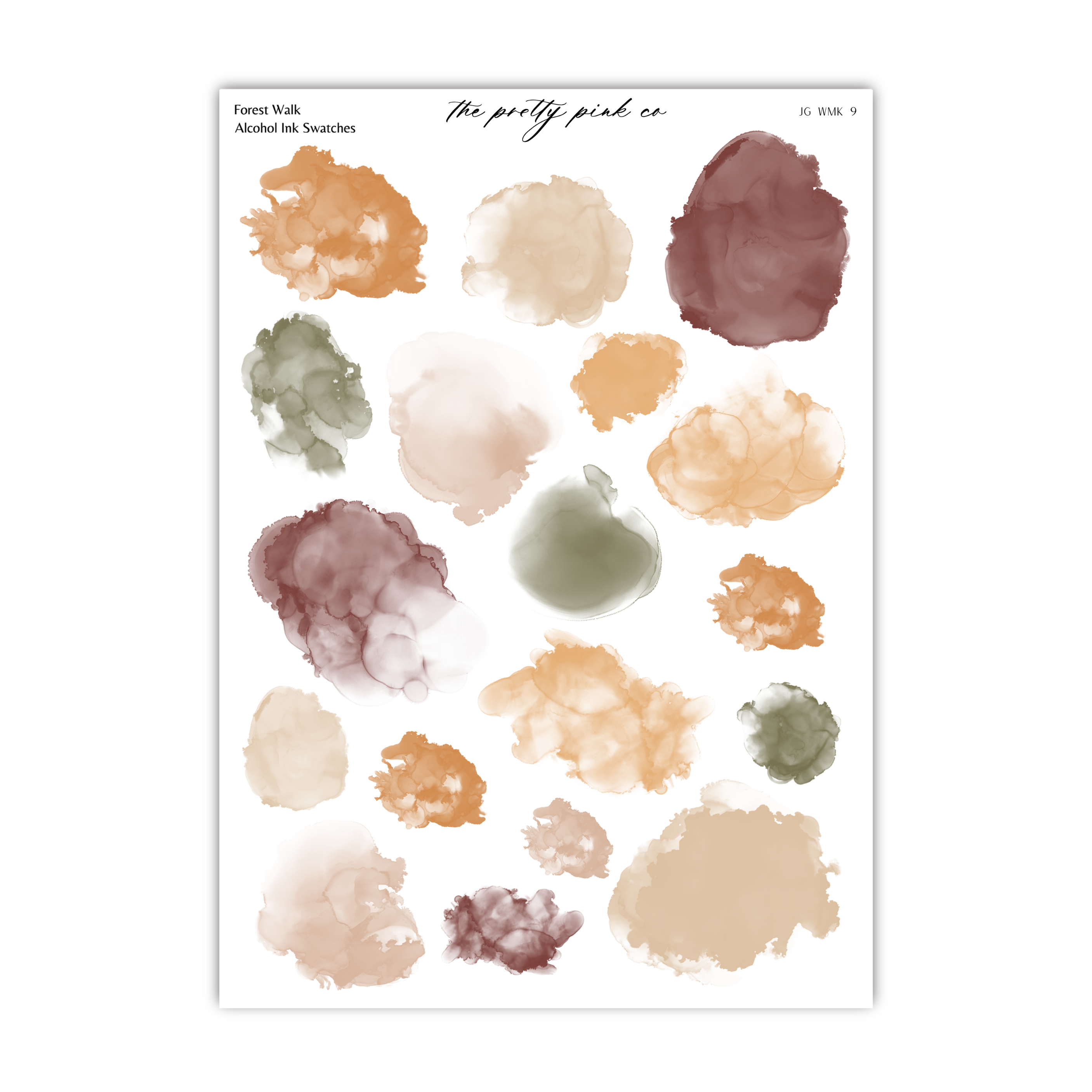 a collection of abstract watercolor brushstrokes in various shades of brown, orange, and green, arranged in a grid-like pattern.