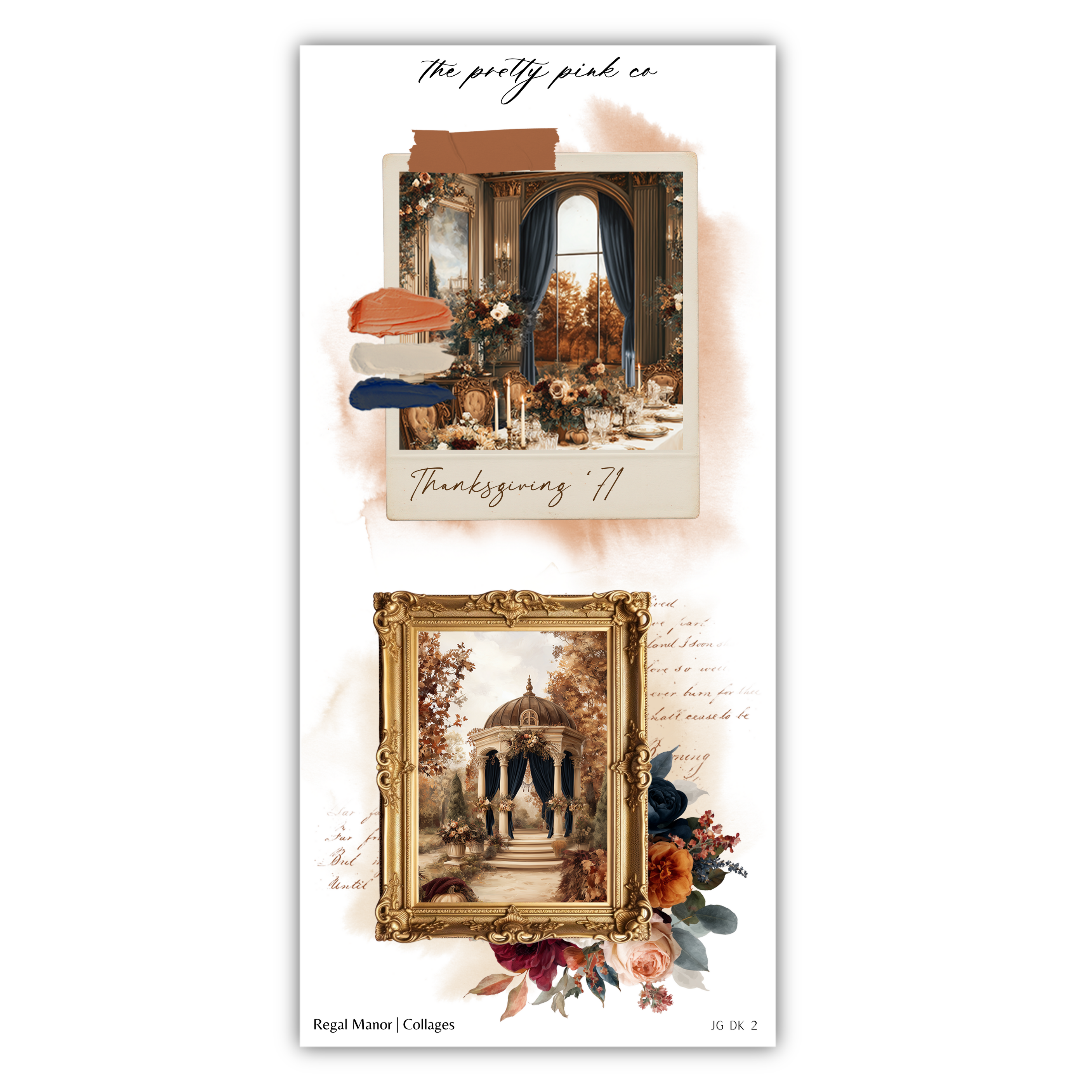 The image is a collage of two photographs, one depicting a grand, ornate building and the other showing a Thanksgiving dinner table. The collage is titled "The pretty pink co" and includes text that reads "Thanksgiving 71" and "Regal Manor / Collages".