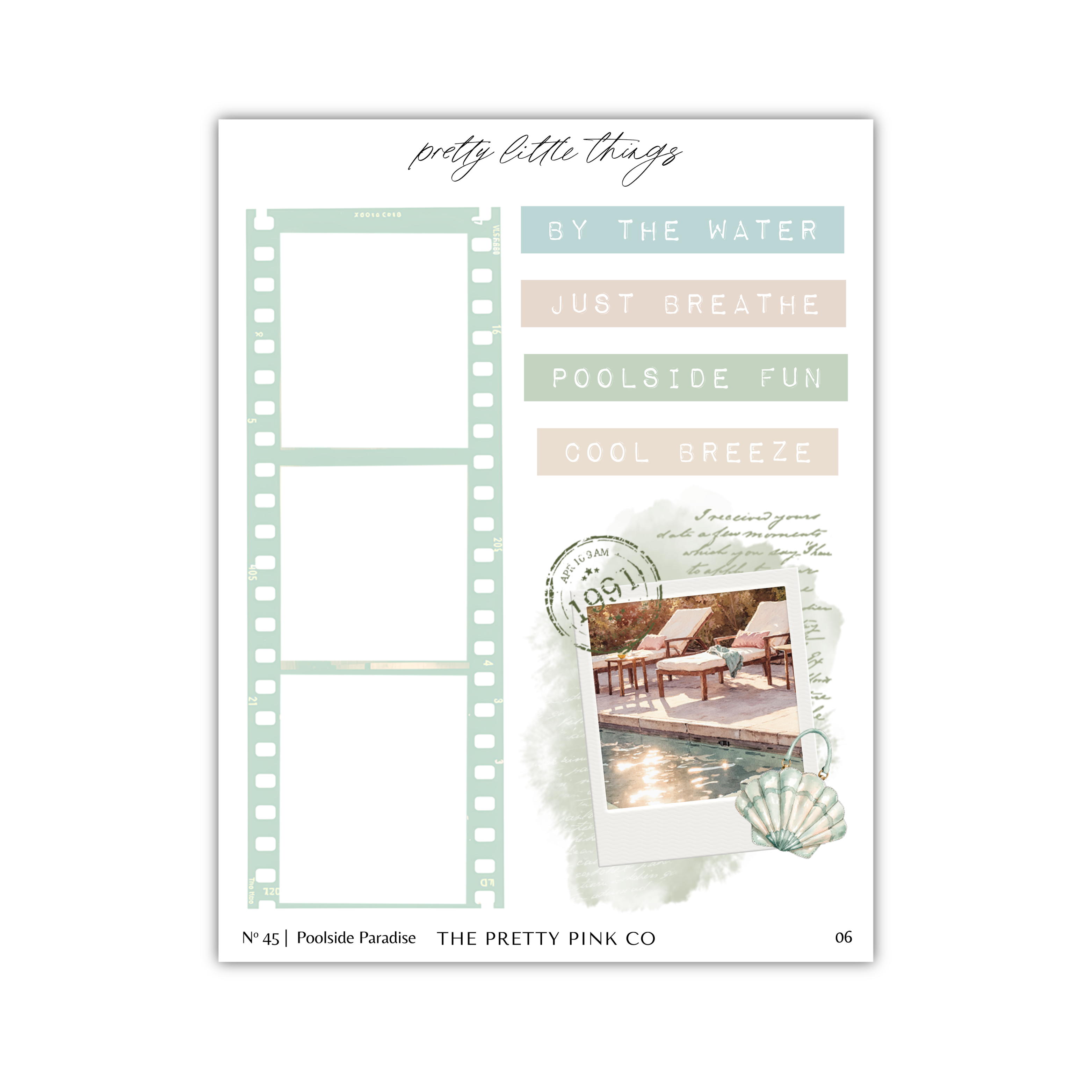 The image is a collage featuring a film strip, a photograph of a poolside, and some text. The text includes phrases such as "by the water", "just breathe", "poolside fun", "cool breeze", and "the pretty pink co". The collage appears to be a creative and artistic representation of a poolside scene, with the film strip and photograph providing visual elements to enhance the overall composition.