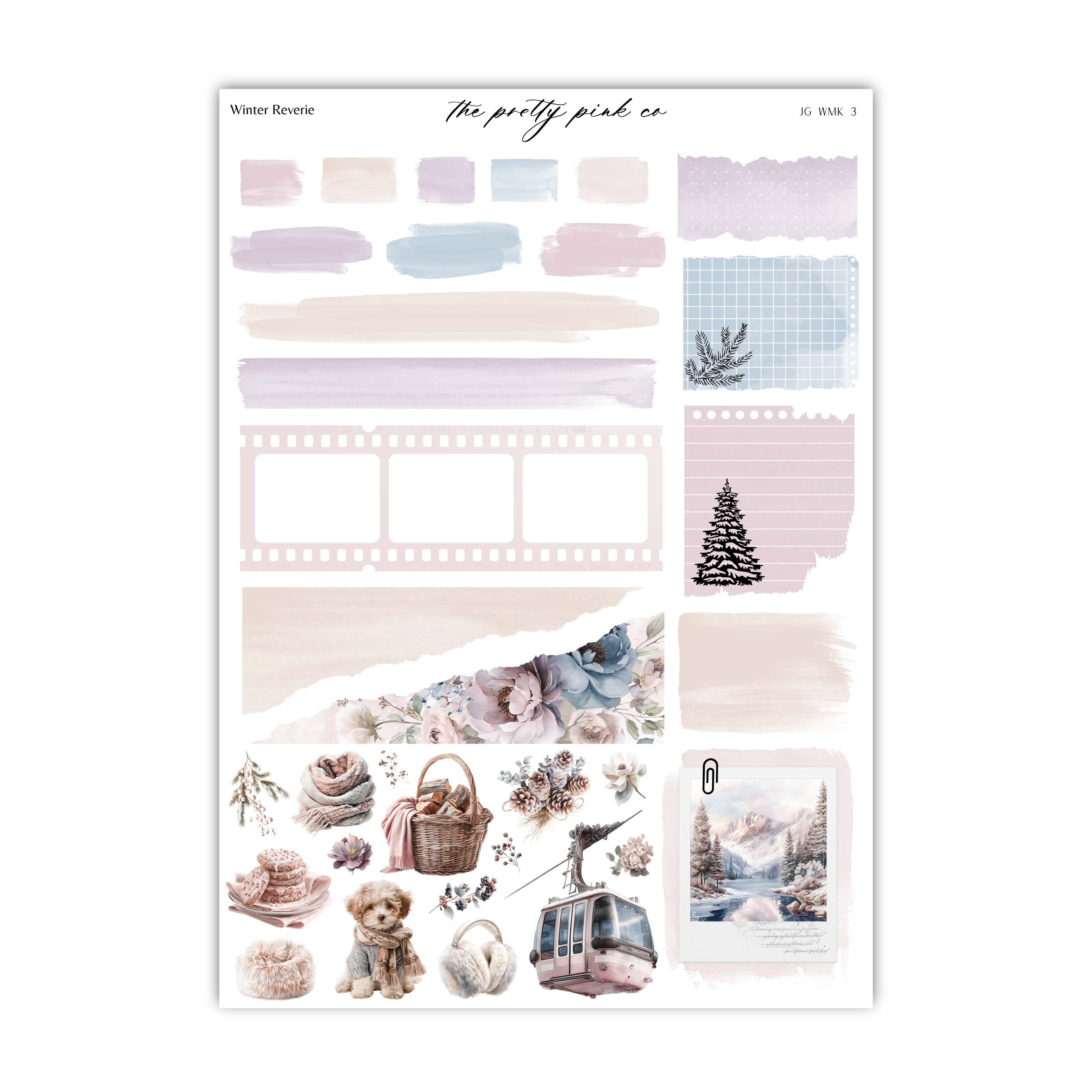 various decorative elements, including a snowflake, a pine tree, a basket, and a ski lift, all set against a winter landscape. The image is a collage of different pictures and illustrations, creating a visually appealing and cohesive composition.