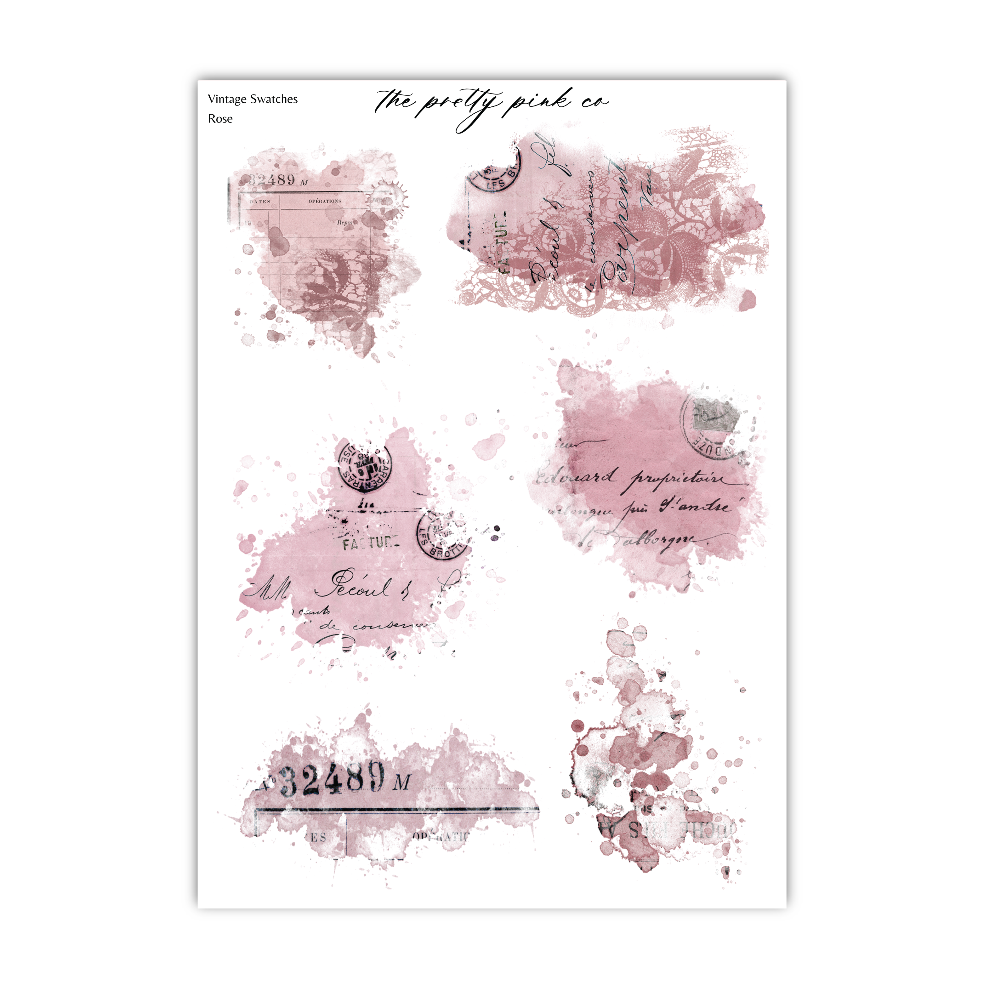 various splatter-like elements in shades of pink and purple, including what appears to be vintage-style postcards or envelopes. The text in the image is not clear enough to transcribe accurately without speculation.