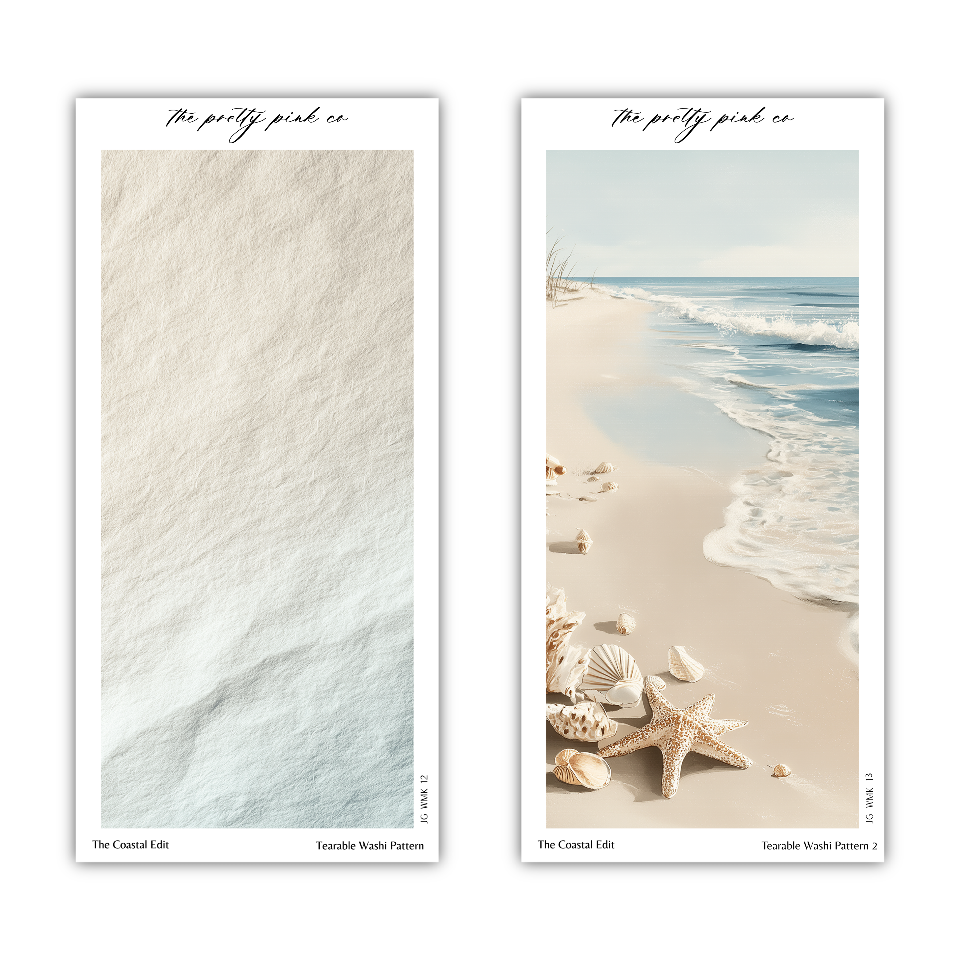 two separate pictures. The first picture is a beach scene with a sandy shore and a starfish, while the second picture is a beach scene with a starfish and seashells. The text above the pictures reads "The pretty pink co" and "The pretty pink co" respectively.