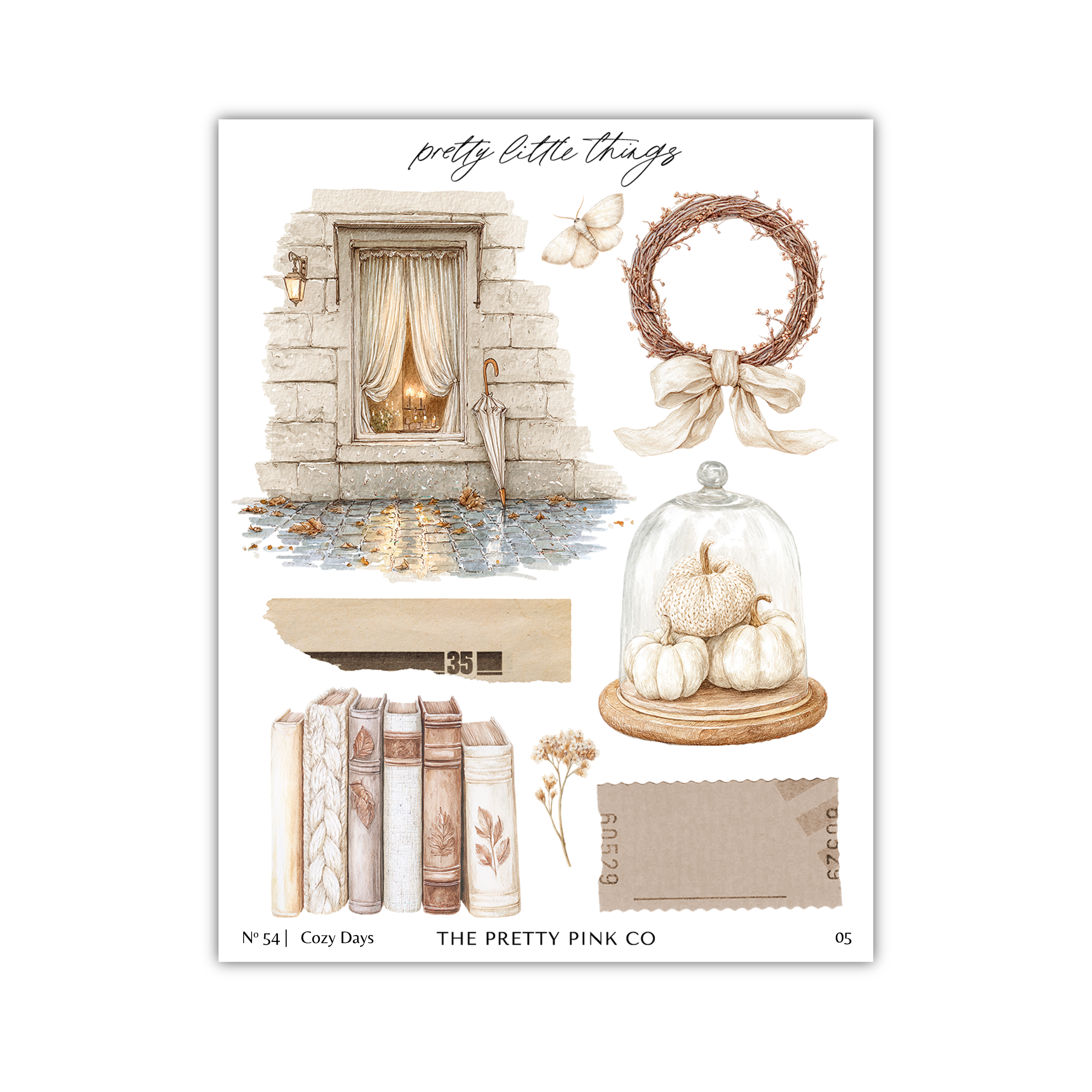 The image is a collage of various objects, including a window, a wreath, books, a glass dome, pumpkins, and a note.